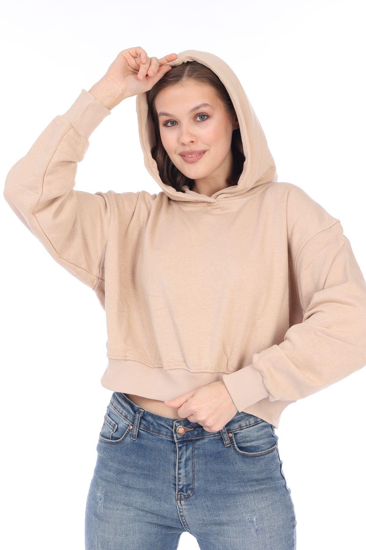 %100 pamuk Premium Kadın Bej Kapüşonlu crop sweatshirt