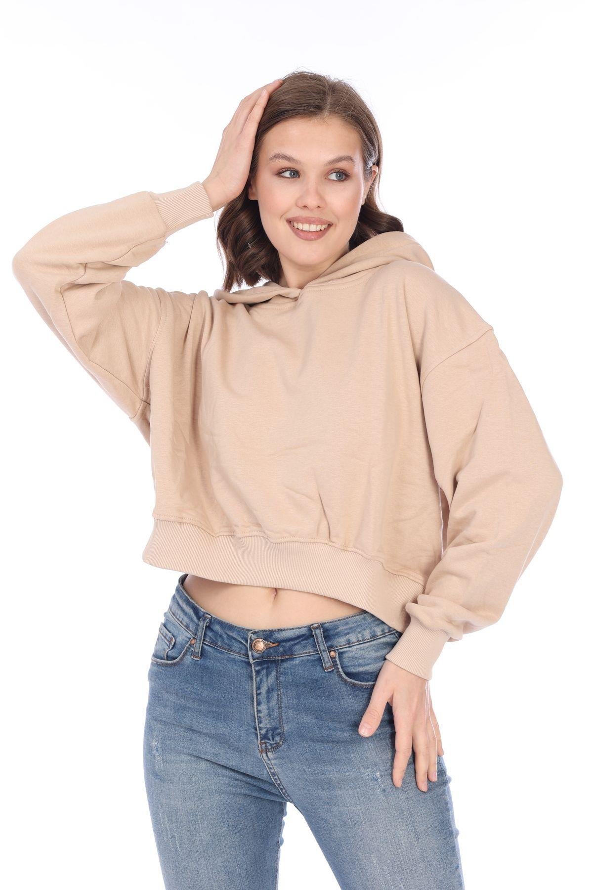 %100 pamuk Premium Kadın Bej Kapüşonlu crop sweatshirt