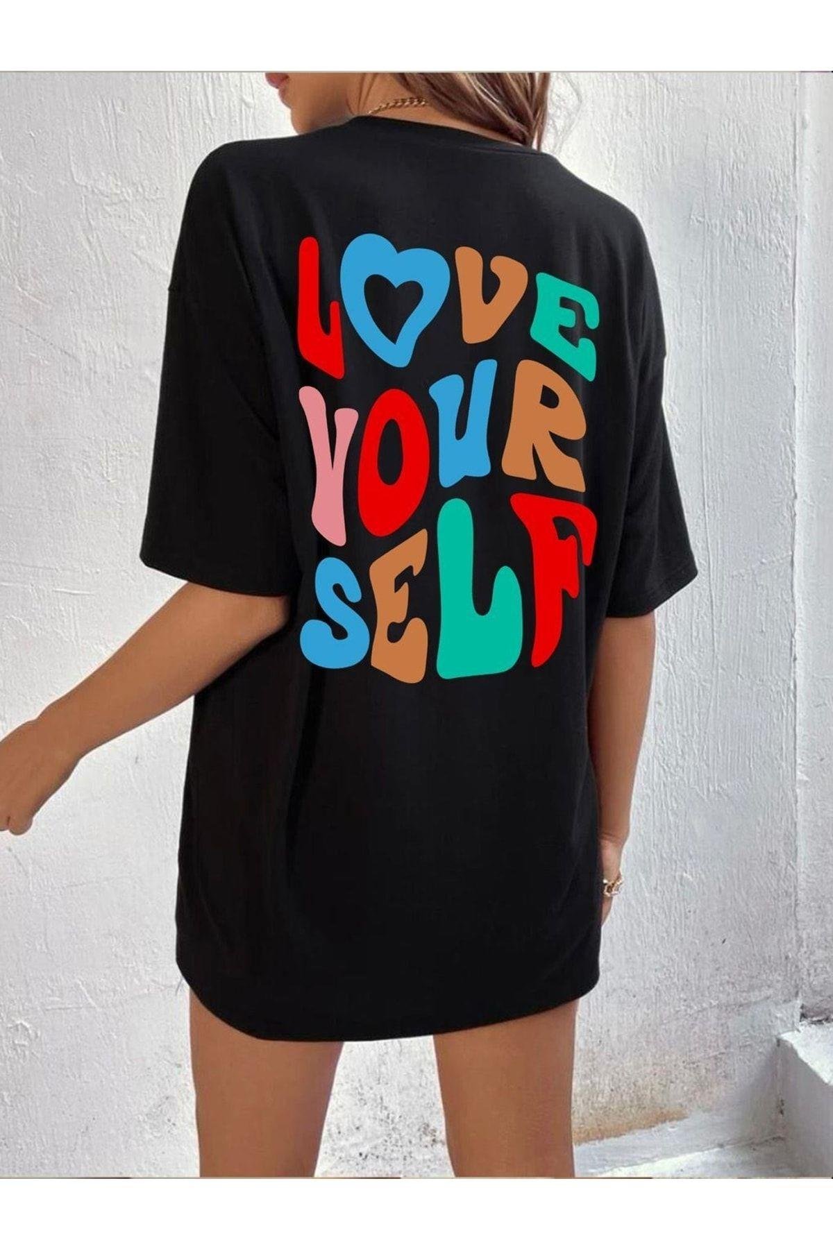 Arka Ve Ön Love Baskılı %100 Pamuk Süper Kalite Penye Oversize T-shirt