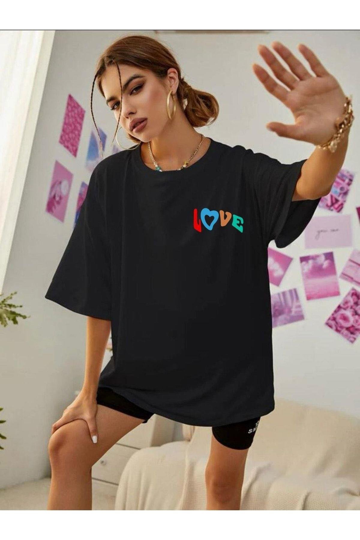Arka Ve Ön Love Baskılı %100 Pamuk Süper Kalite Penye Oversize T-shirt