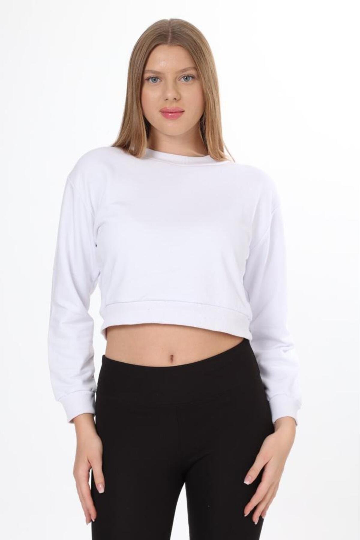 Beyaz %100 Pamuk Baskılı Kadın Basic crop bisiklet yaka uzun kollu sweatshirt