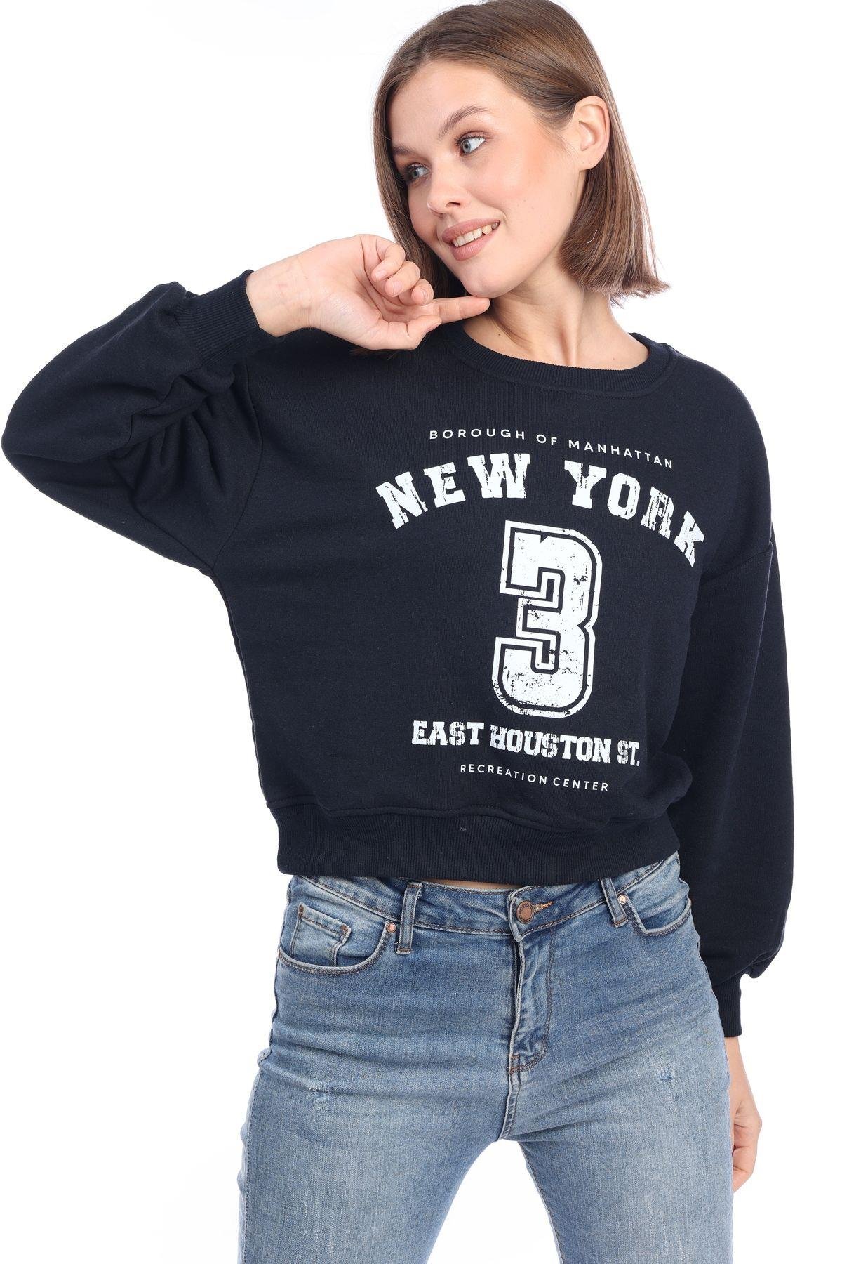 Kadın %100 Pamuk Baskılı Lacivert Ultra Kalite Şardonsuz 3 iplik Bisiklet Yaka Basic Sweatshirt
