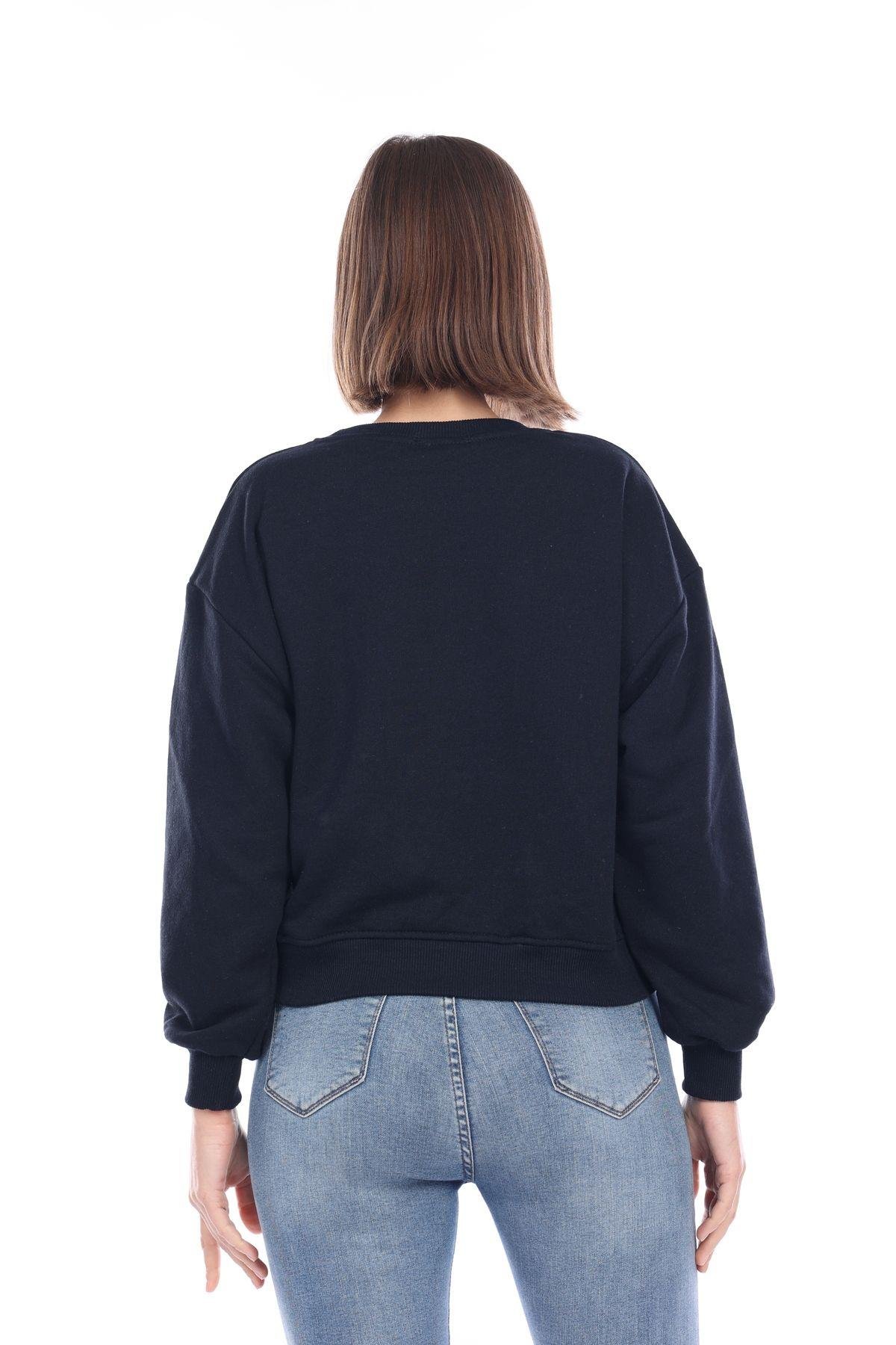 Kadın %100 Pamuk Baskılı Lacivert Ultra Kalite Şardonsuz 3 iplik Bisiklet Yaka Basic Sweatshirt