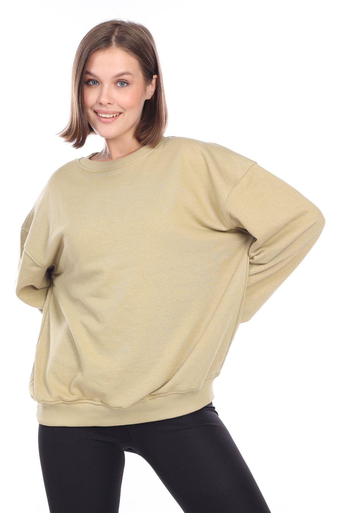 Kadın %100 Pamuk Şardonsuz Askeri Haki 3 iplik Basic Oversize bisiklet yaka uzun kol Sweatshirt