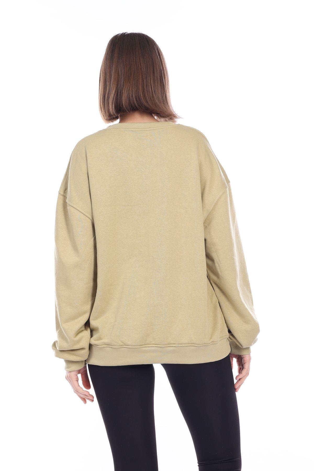 Kadın %100 Pamuk Şardonsuz Askeri Haki 3 iplik Basic Oversize bisiklet yaka uzun kol Sweatshirt