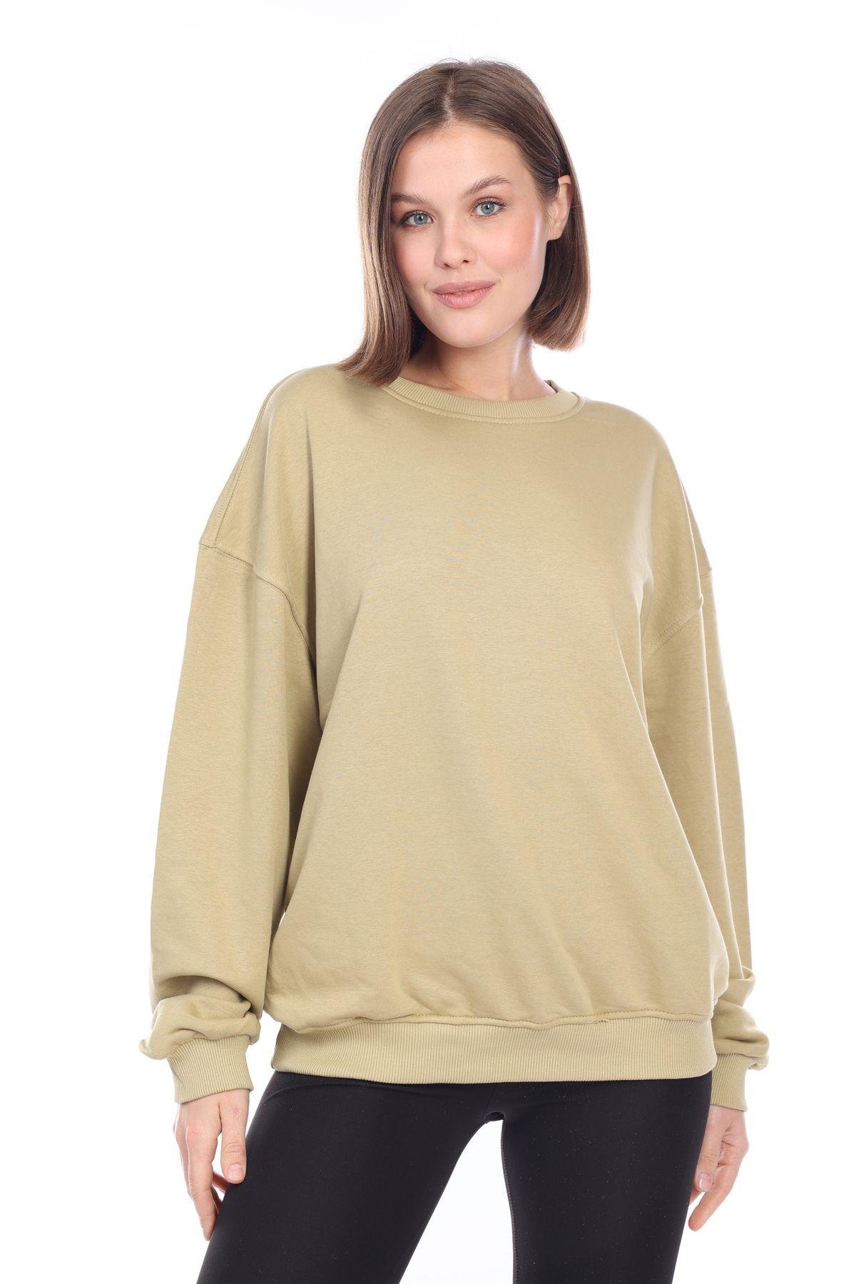 Kadın %100 Pamuk Şardonsuz Askeri Haki 3 iplik Basic Oversize bisiklet yaka uzun kol Sweatshirt