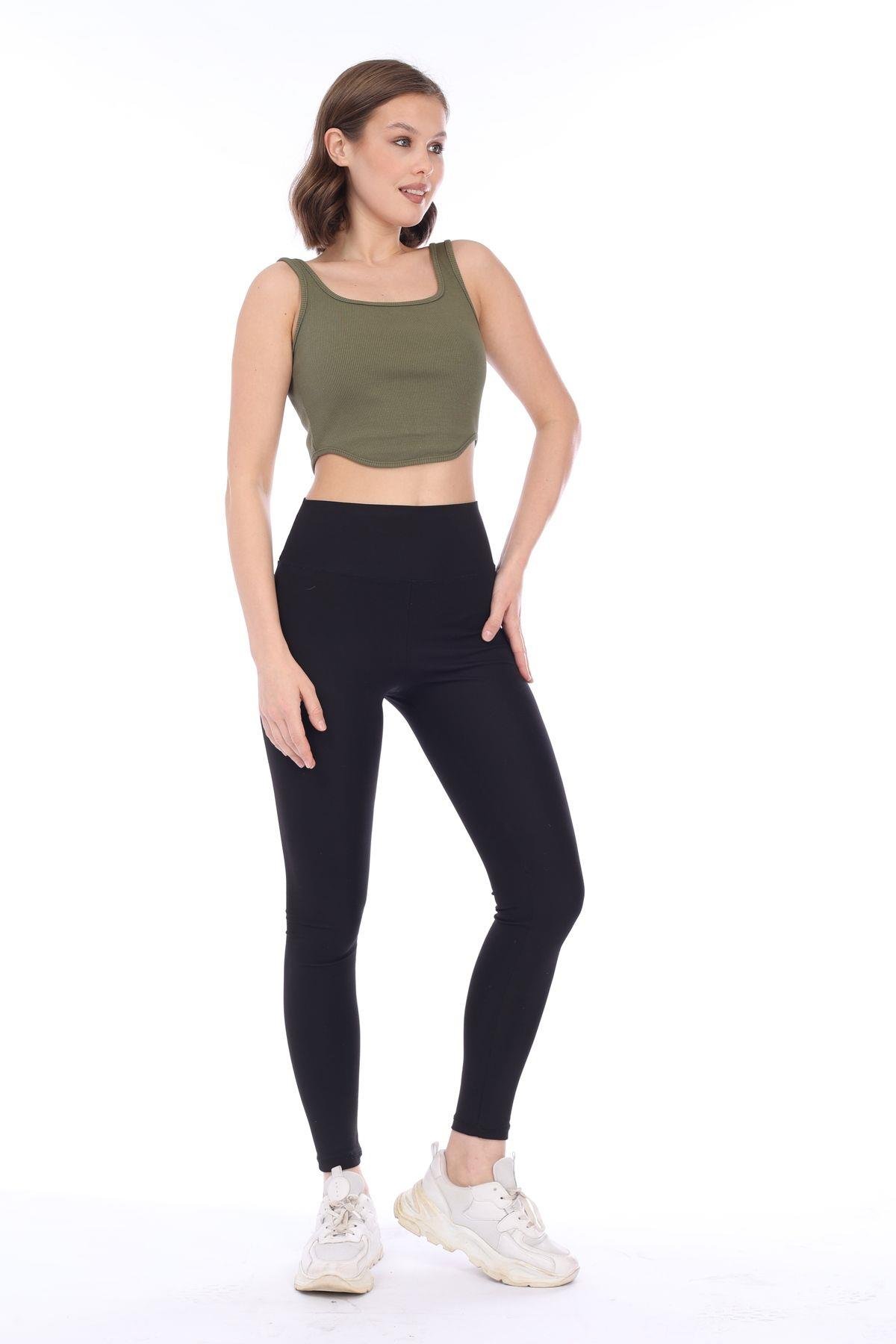 Kadın Haki Arkası Fermuarlı Fitilli Kaşkorse Crop Top