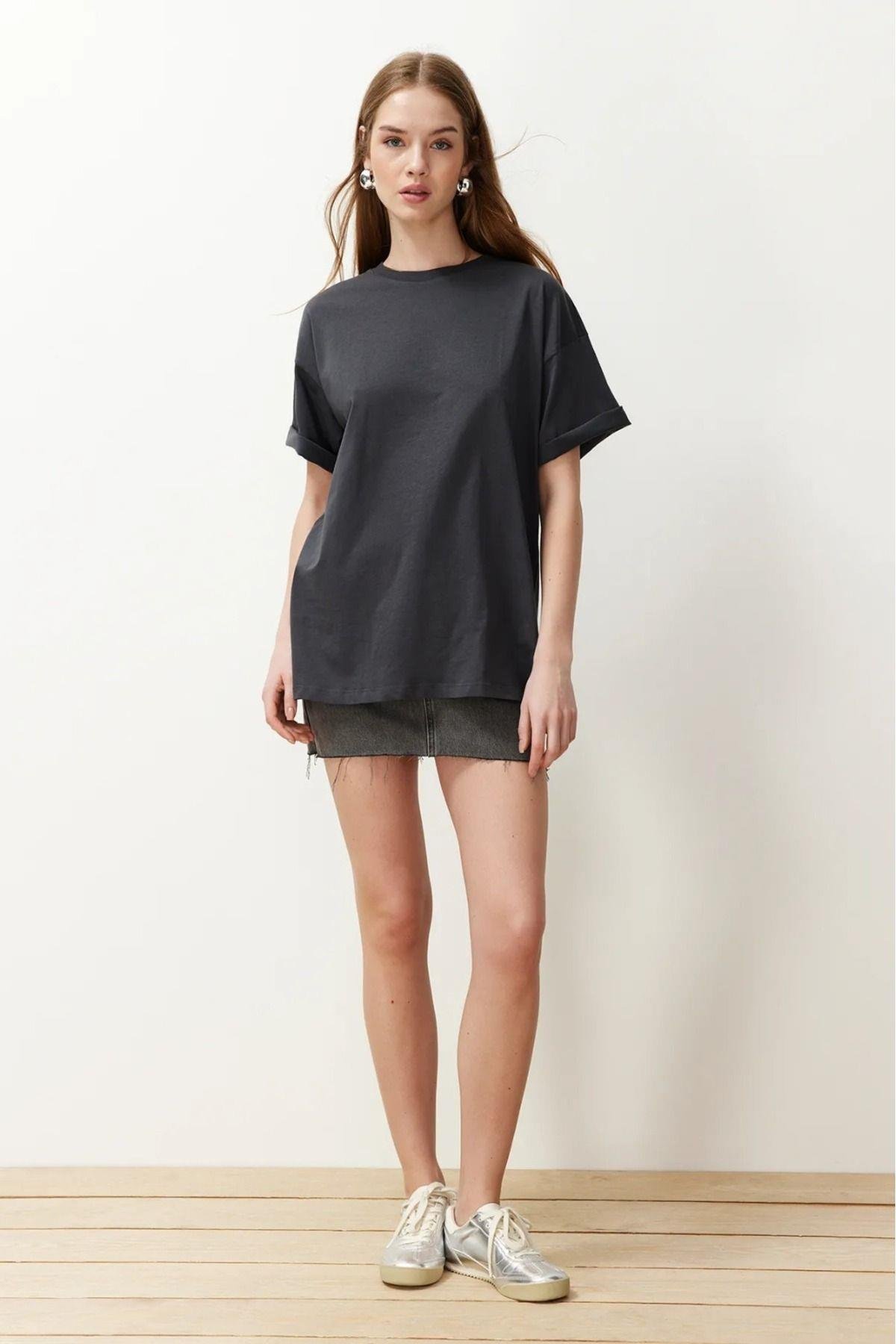 Süper Kalite Kadın %100 Pamuk Füme Antrasit Bisiklet Yaka Oversize Boyfriend T-shirt