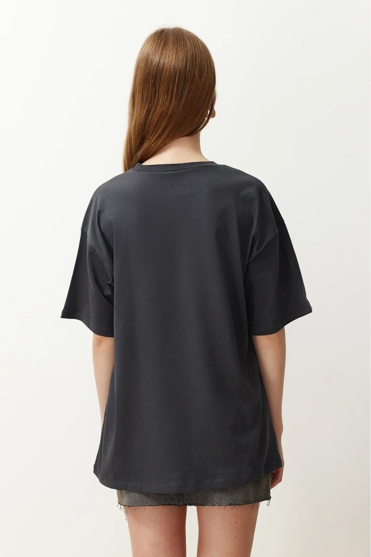 Süper Kalite Kadın %100 Pamuk Füme Antrasit Bisiklet Yaka Oversize Boyfriend T-shirt
