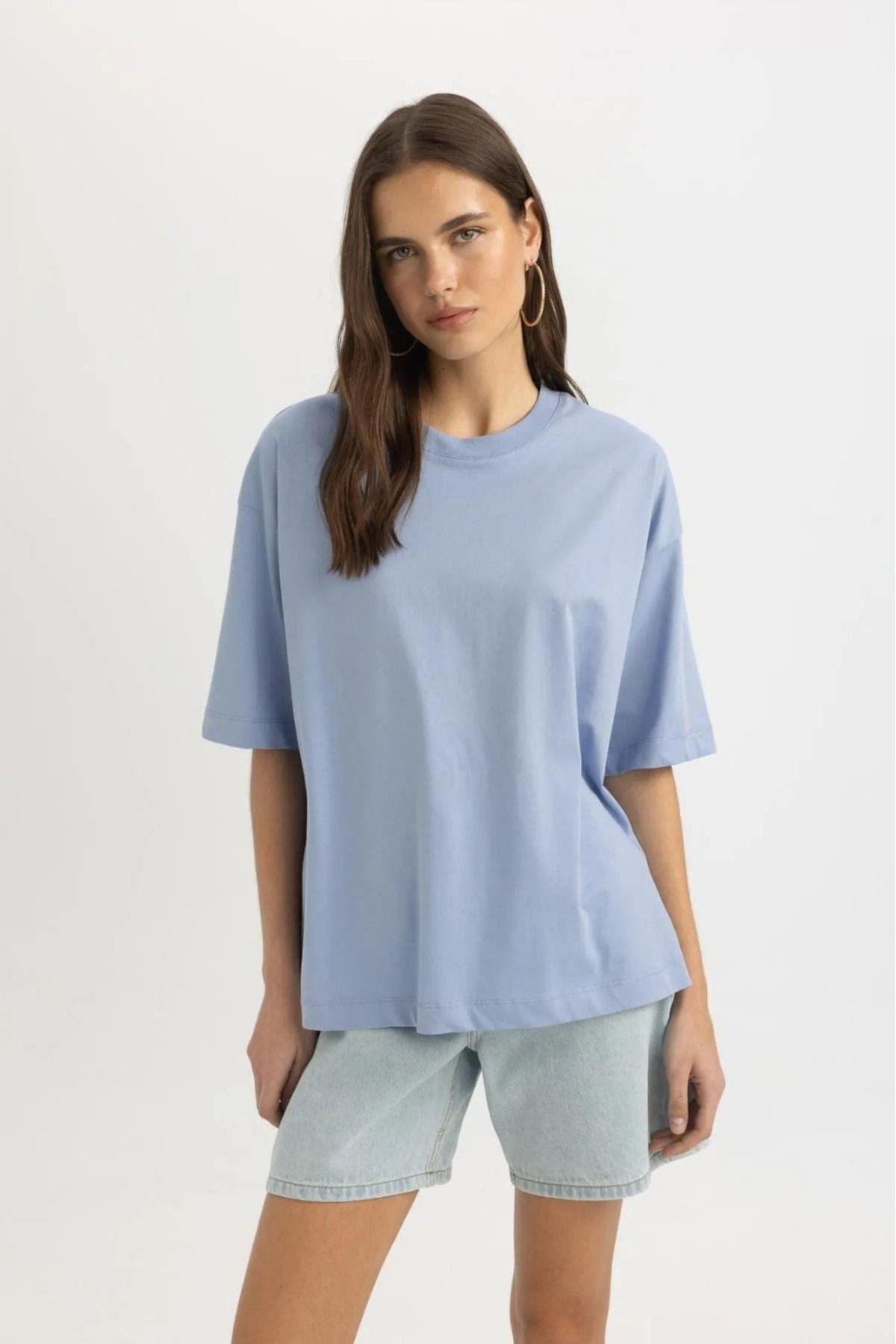 Süper Kalite Kadın %100 Pamuk Mavi Bisiklet Yaka Oversize Boyfriend T-shirt