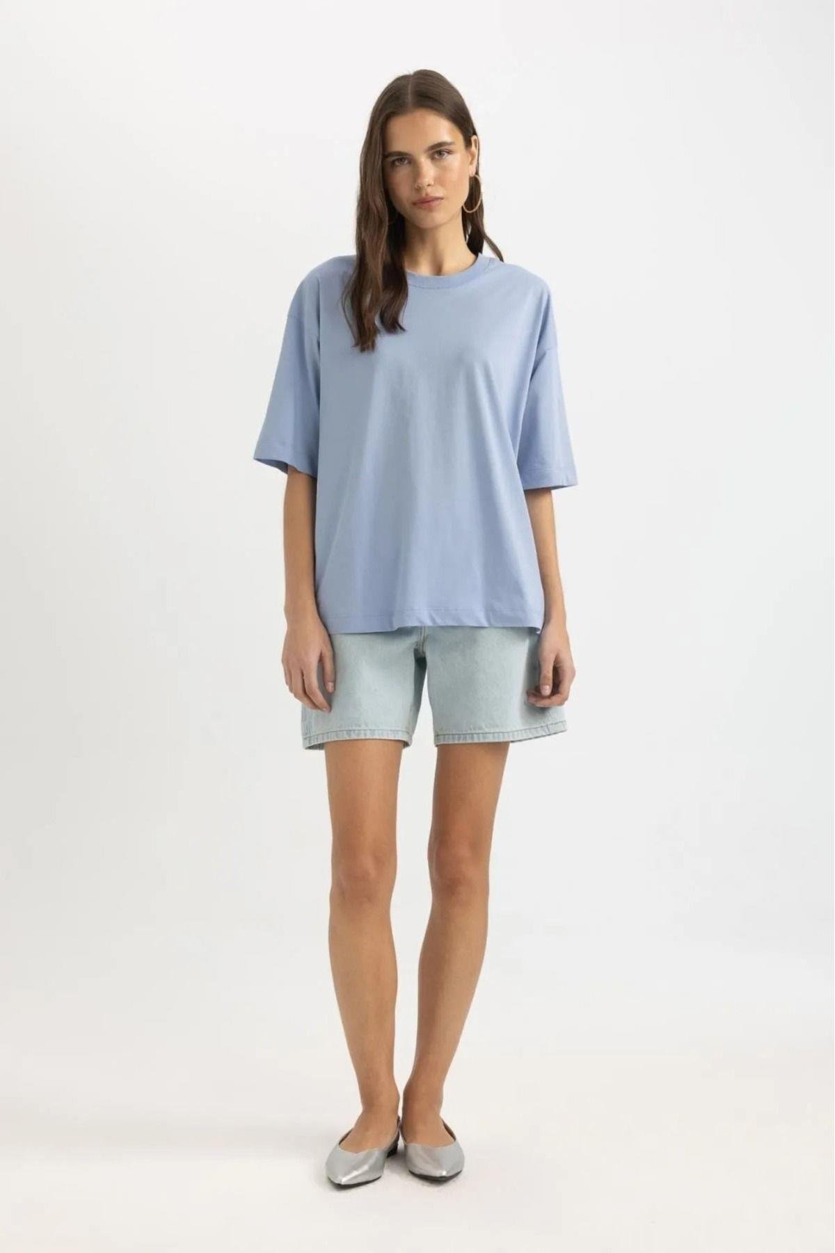 Süper Kalite Kadın %100 Pamuk Mavi Bisiklet Yaka Oversize Boyfriend T-shirt