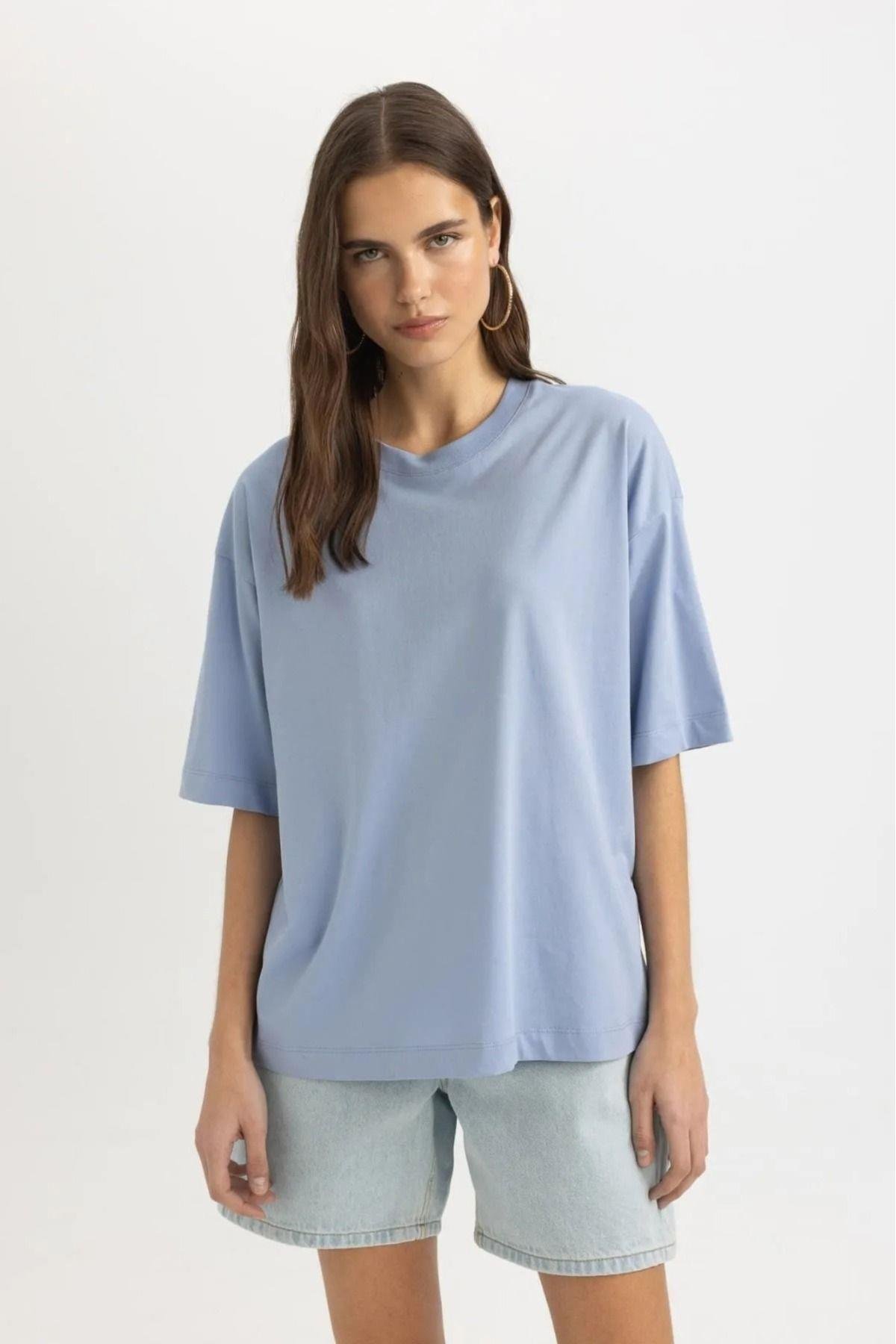 Süper Kalite Kadın %100 Pamuk Mavi Bisiklet Yaka Oversize Boyfriend T-shirt