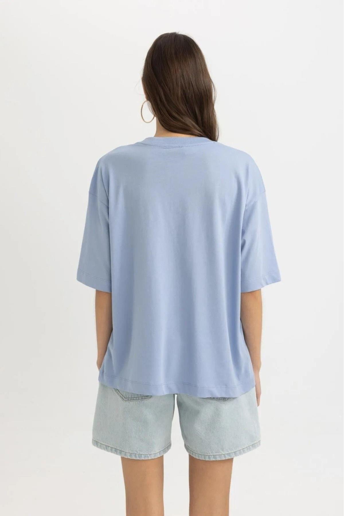 Süper Kalite Kadın %100 Pamuk Mavi Bisiklet Yaka Oversize Boyfriend T-shirt