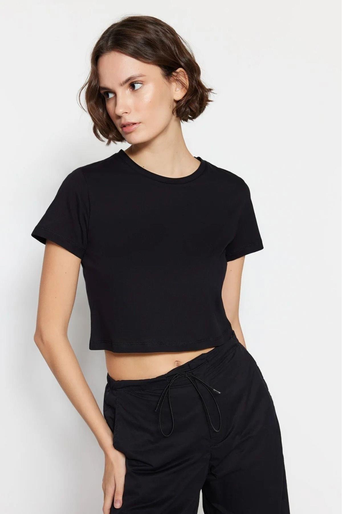 Süper Kalite Kadın %100 Pamuk Penye Kısa Kol Crop Top Siyah Ve Beyaz Ikili Paket