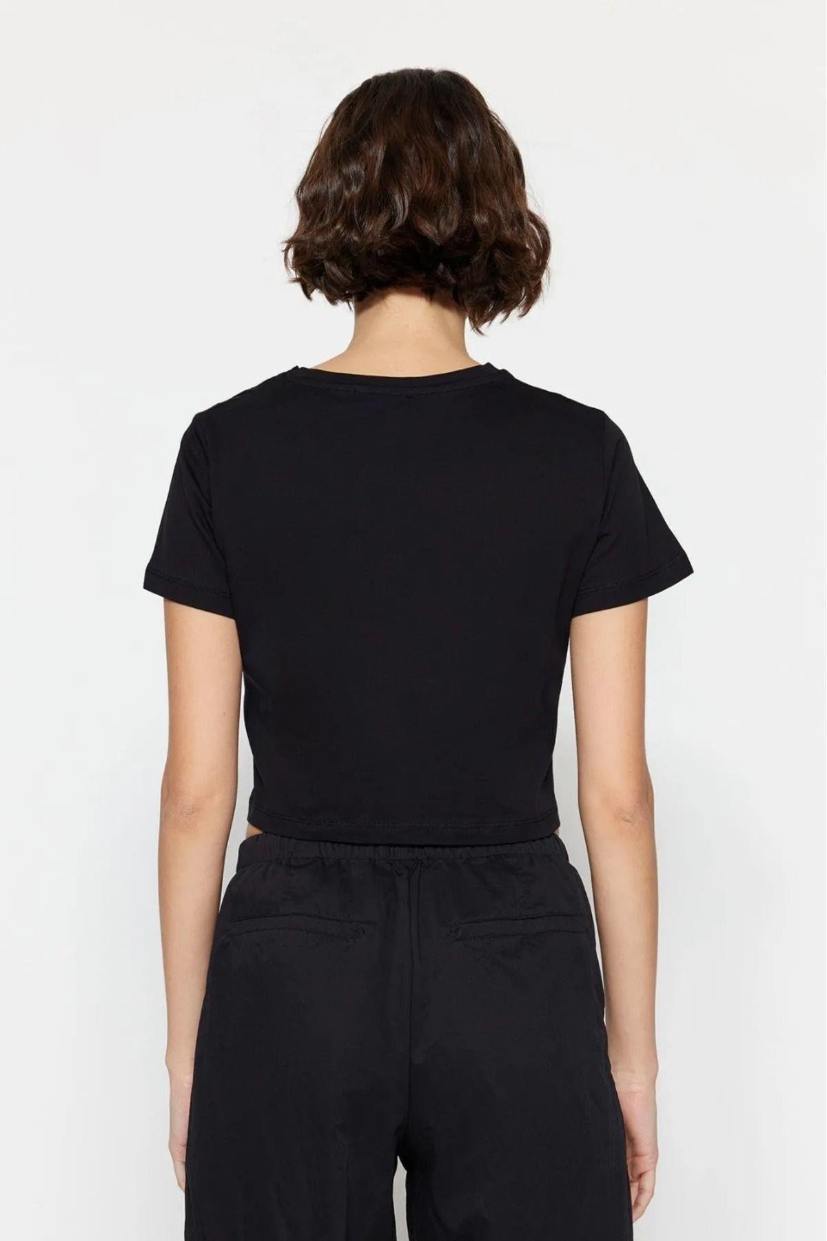 Süper Kalite Kadın %100 Pamuk Penye Kısa Kol Crop Top Siyah Ve Beyaz Ikili Paket