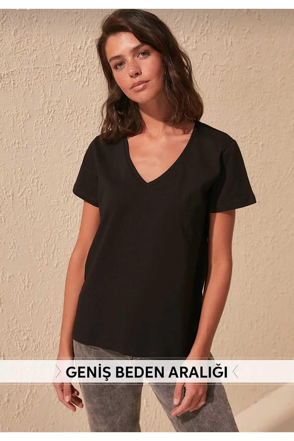 süper kalite siyah V-yaka kadın Basic tişört örme pamuk penye t-shirt