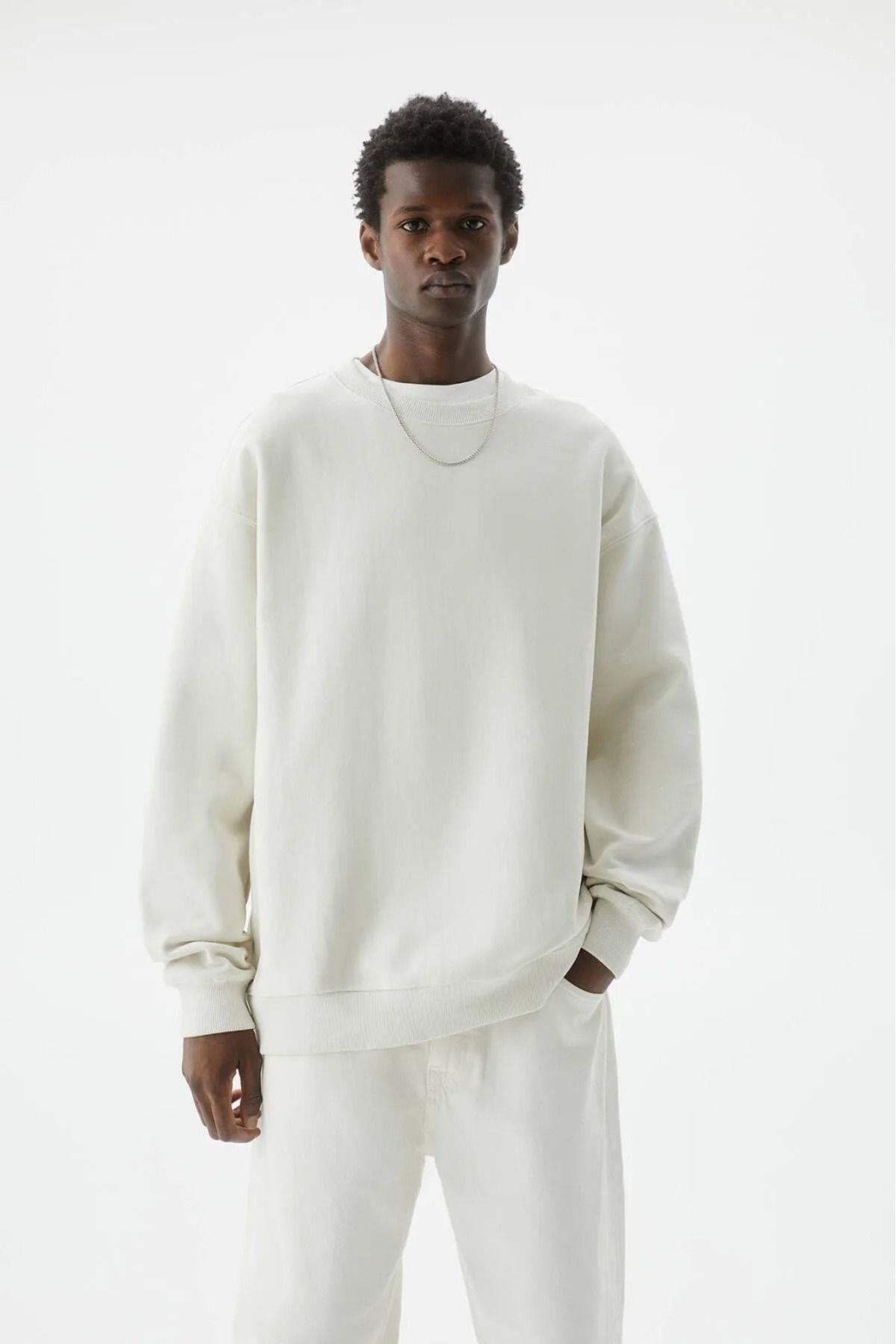 X Serüven Erkek 3 iplik Yüksek Kalite %100 Pamuk Ekru Bisiklet Yaka Uzun Kol Basic Sweatshirt