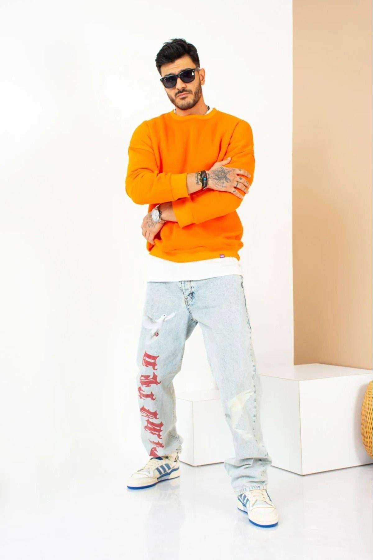X Serüven Erkek 3 iplik Yüksek Kalite %100 Pamuk Turuncu Bisiklet Yaka Uzun Kol Basic Sweatshirt