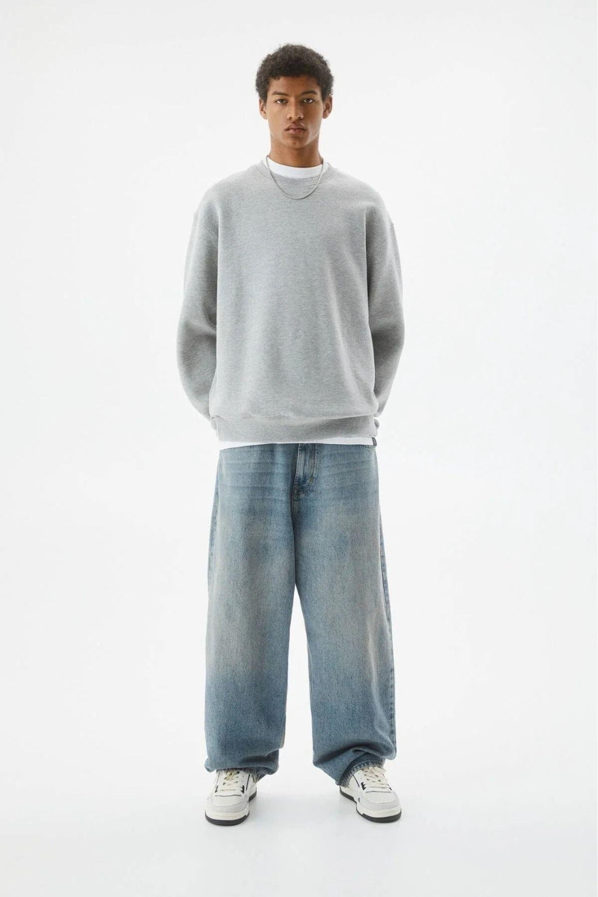 X Serüven Erkek 3 iplik Yüksek Kalite %100 Pamuk Gri Melanj Bisiklet Yaka Uzun Kol Basic Sweatshirt