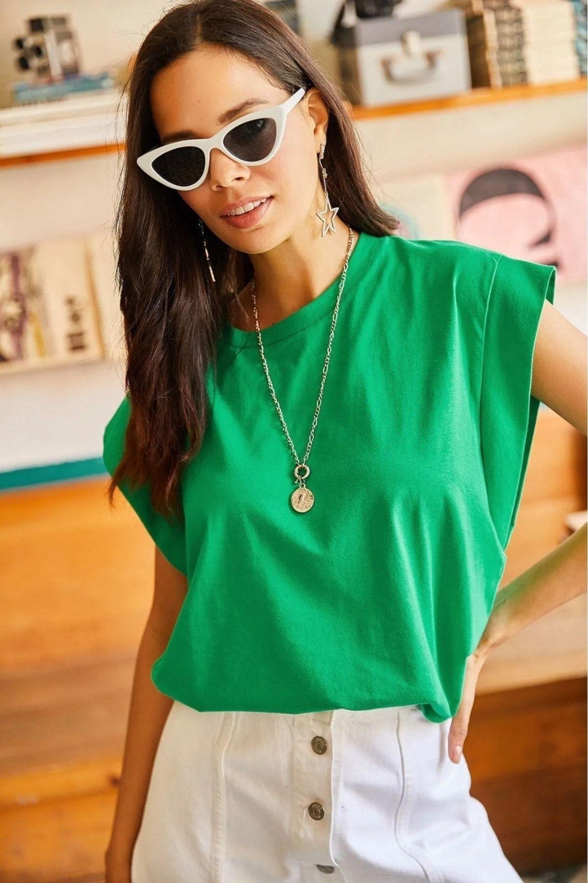 Yeşil %100 Pamuk Vatka Görünümlü Basic Bisiklet Yaka Örme T-Shirt