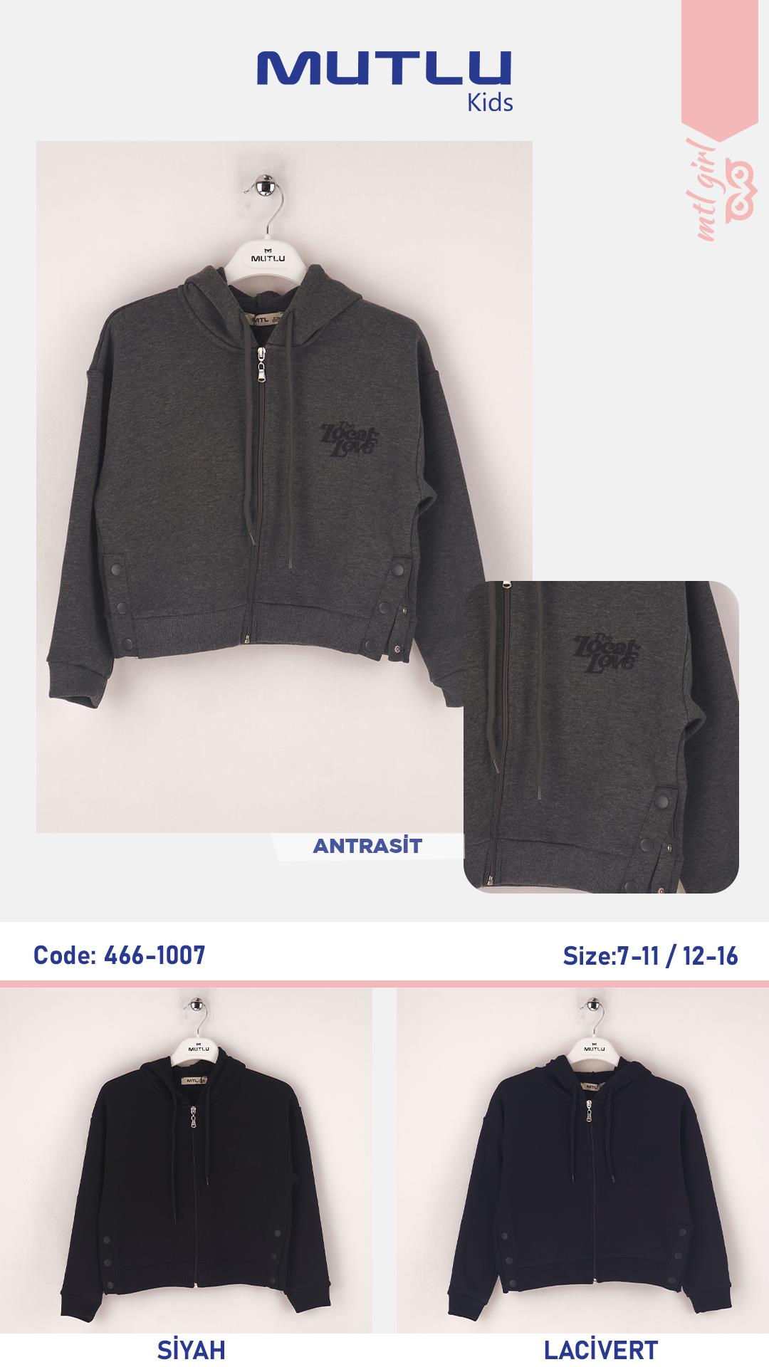 YAN ÇITÇITLI FERMUARLI KIZ SWEAT