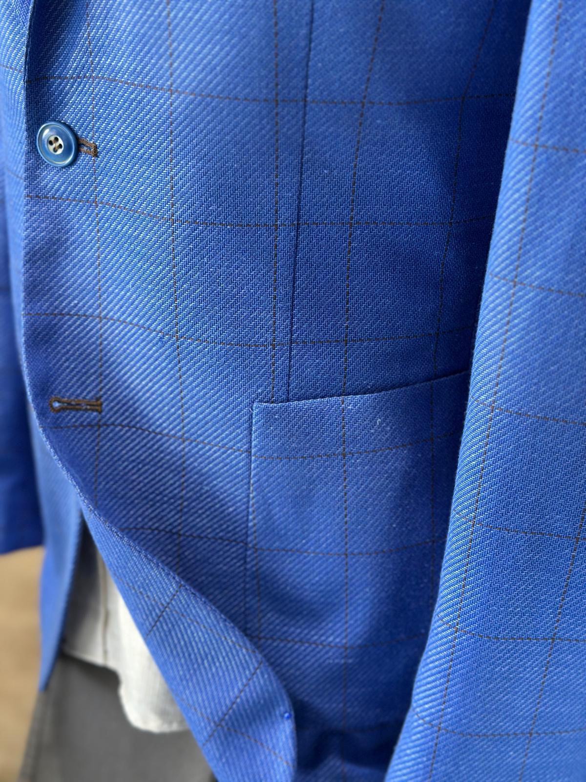 Saks Mavi Ekoseli %100 Keten Ceket (Astarsız)