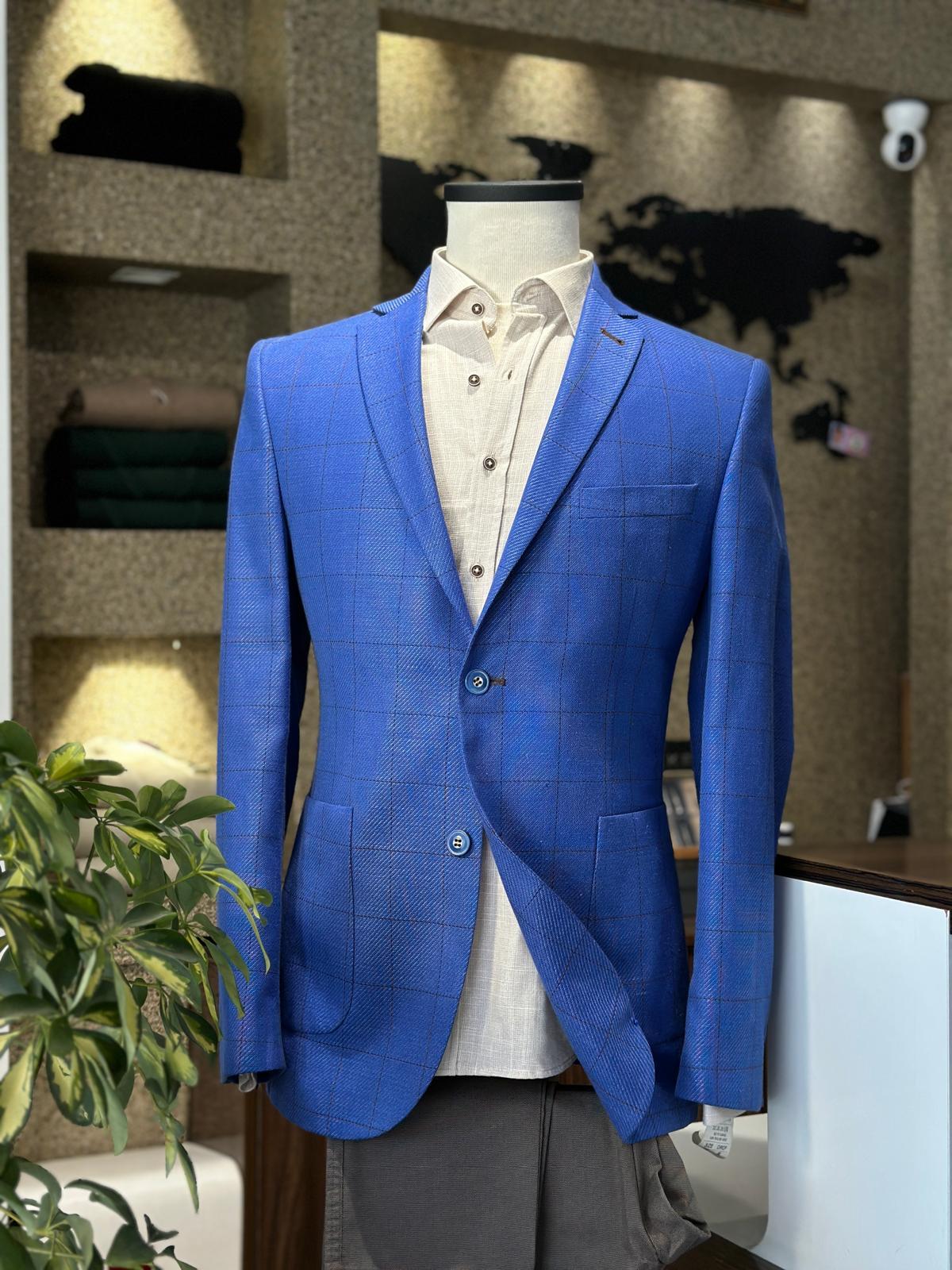 Saks Mavi Ekoseli %100 Keten Ceket (Astarsız)