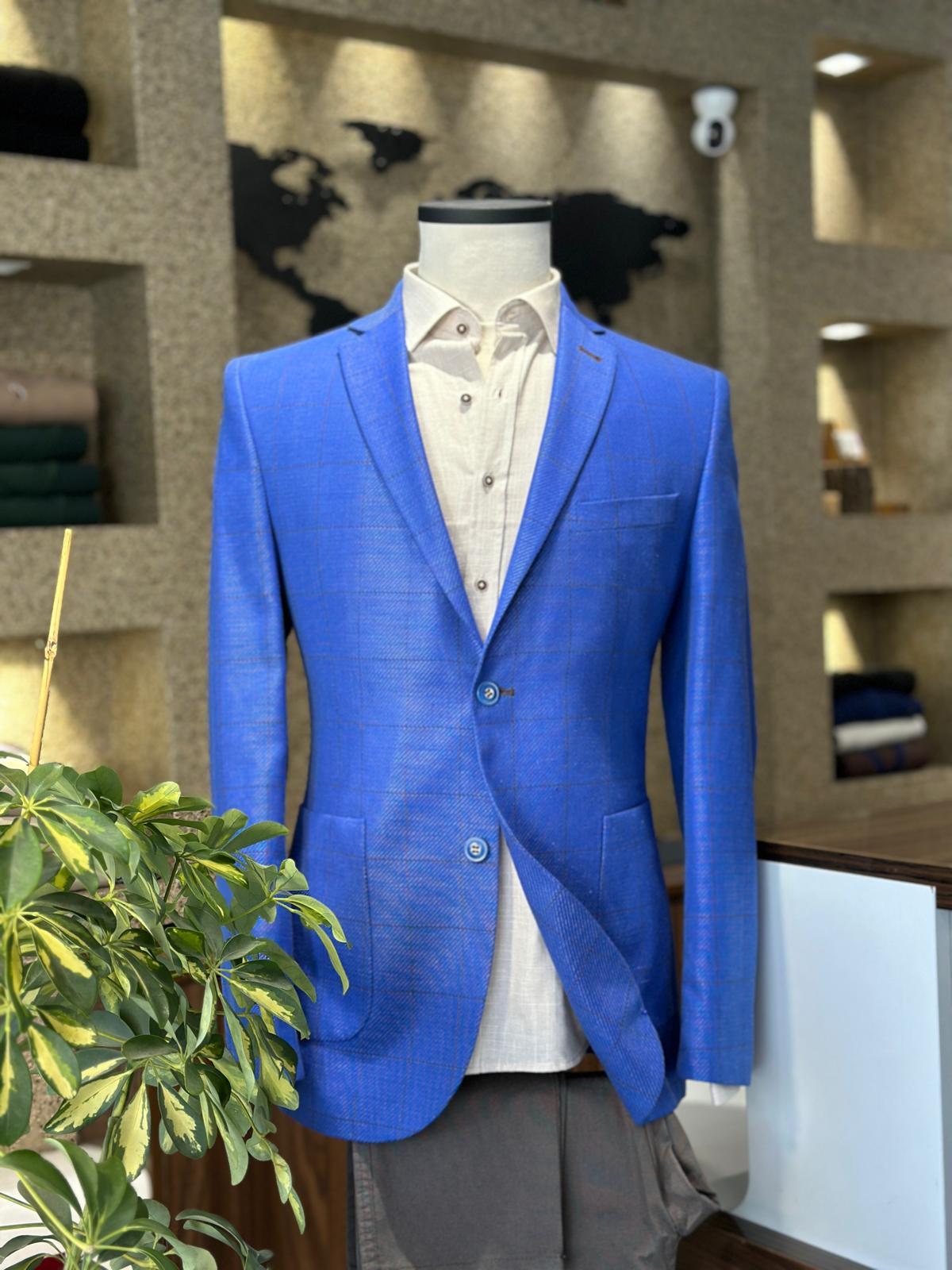 Saks Mavi Ekoseli %100 Keten Ceket (Astarsız)