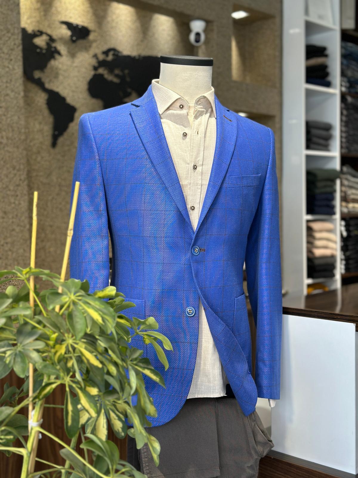 Saks Mavi Ekoseli %100 Keten Ceket (Astarsız)