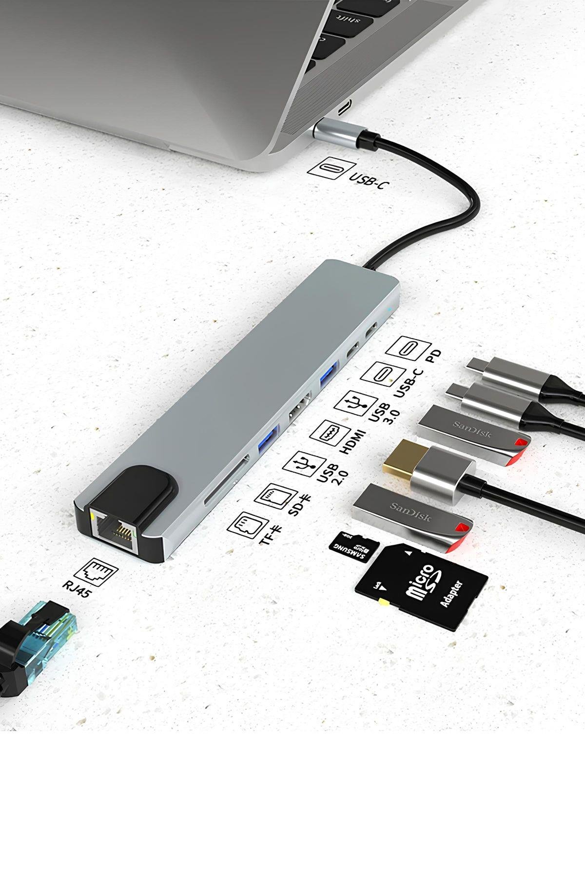 Aliminyum Type -C Çıkışlı Hızlı Şarj Destekli Çok Fonksiyonlu  HDMI 4K USB3.0 Dock Station 8 In1