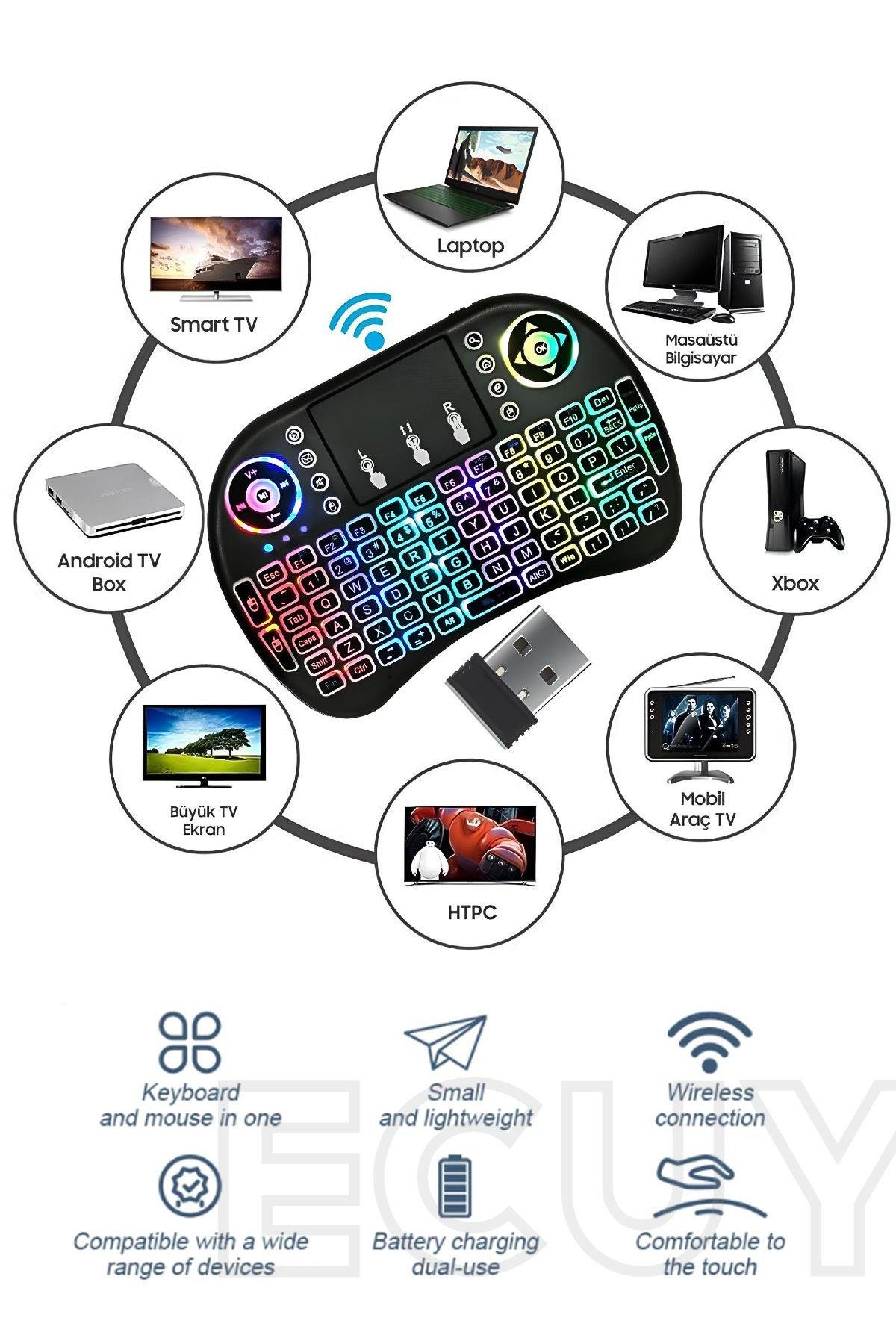 Bluetooht Uyumlu Kablosuz Klavye Mouse Tv Klavye Işıklı Kablosuz Mini Klavye Dokunmatik Mouse