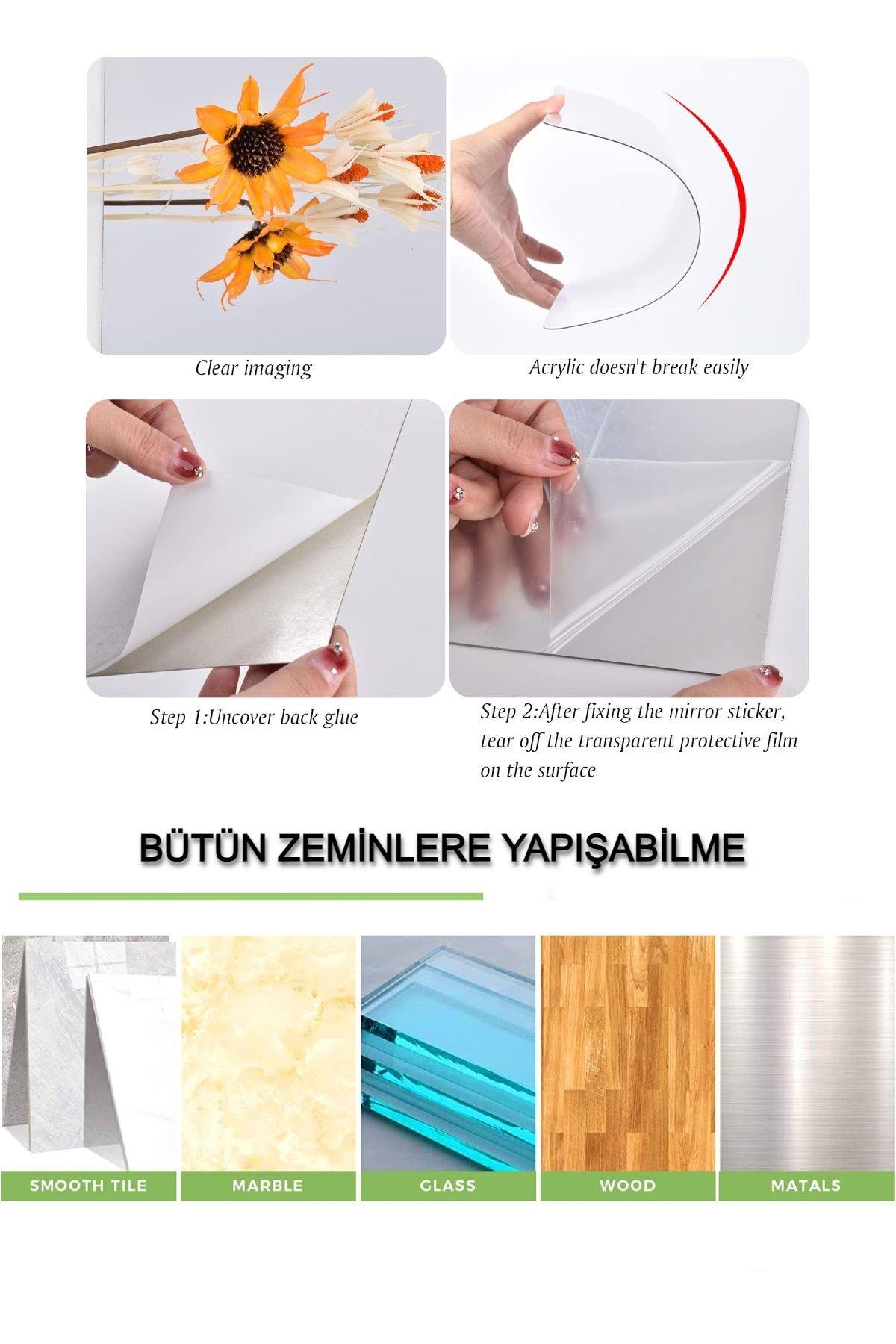Dekoratif Ayna Kendinden Yapışkanlı Esnek PVC Modern Duvar Aynası Kırılmaya Karşı 50x50 cm