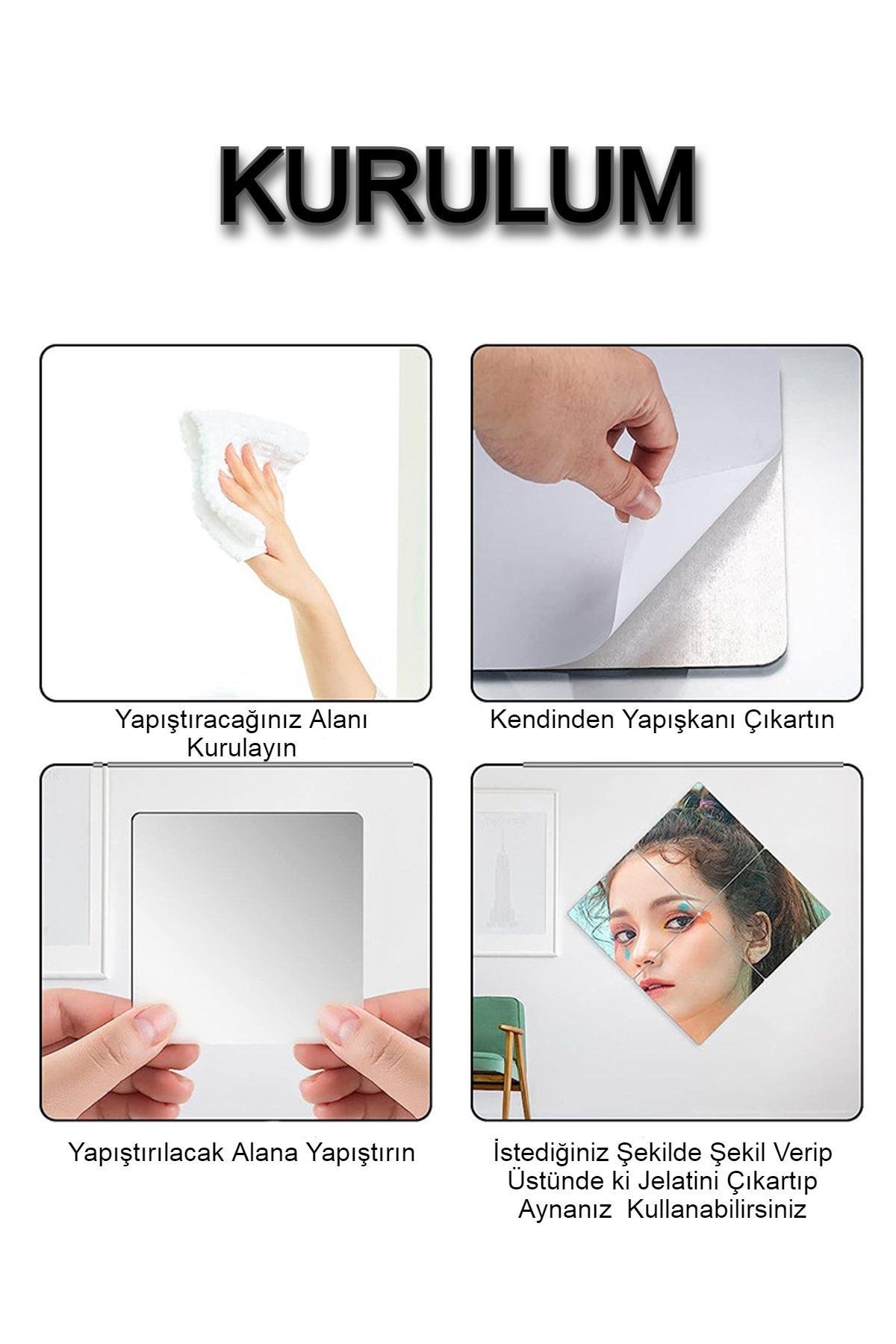 Dekoratif Ayna Kendinden Yapışkanlı Esnek PVC Modern Duvar Aynası Kırılmaya Karşı 50x50 cm