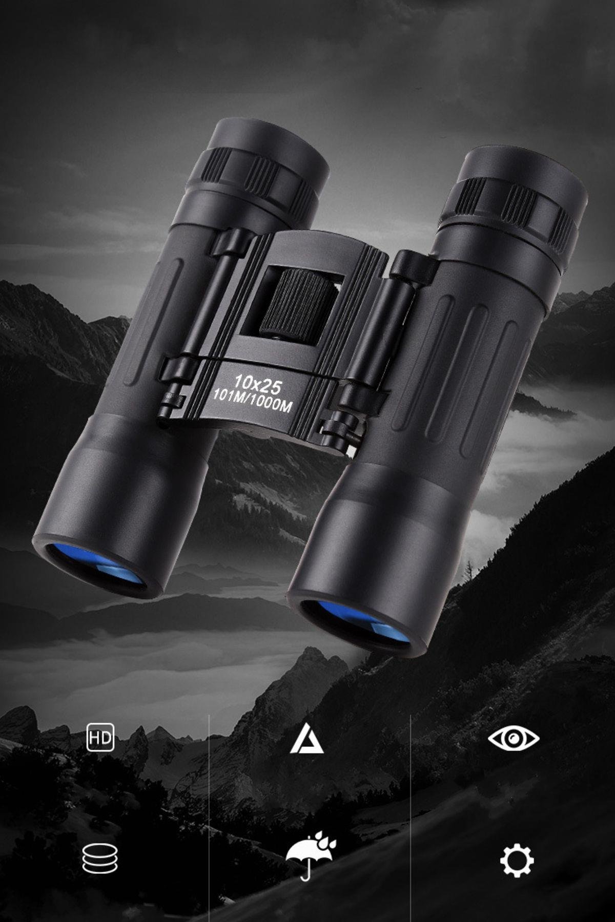 Katlanabilir Taşınabilir Dürbün 25mm Cam Mercekli Askılı Taşıma Çantalı UV Korumalı Lens 10x Dürbün