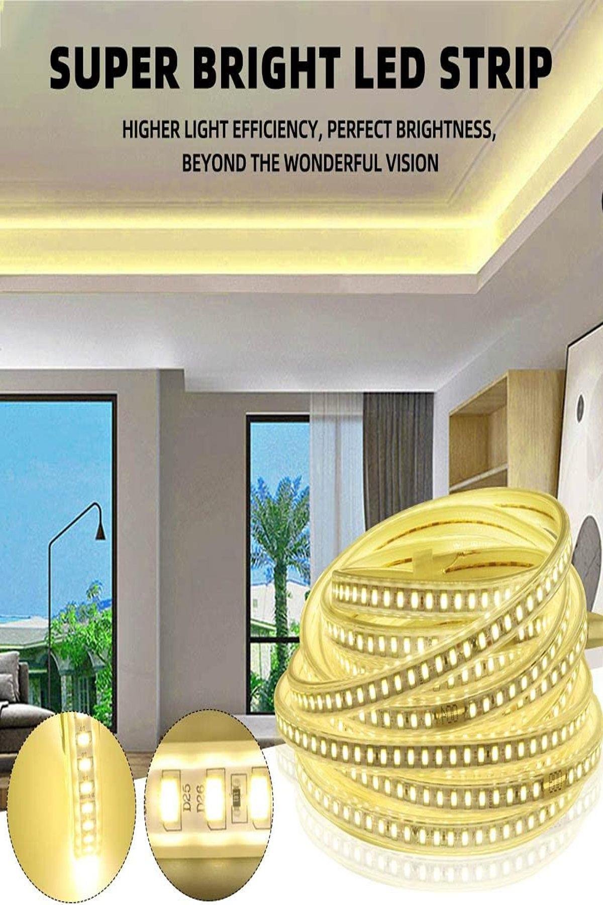 Şerit Led Enerji Tasarruflu Su Geçirmez Led Işık Adaptörlü Led Monte Aparatlı Sıcak Işık Led 1 M