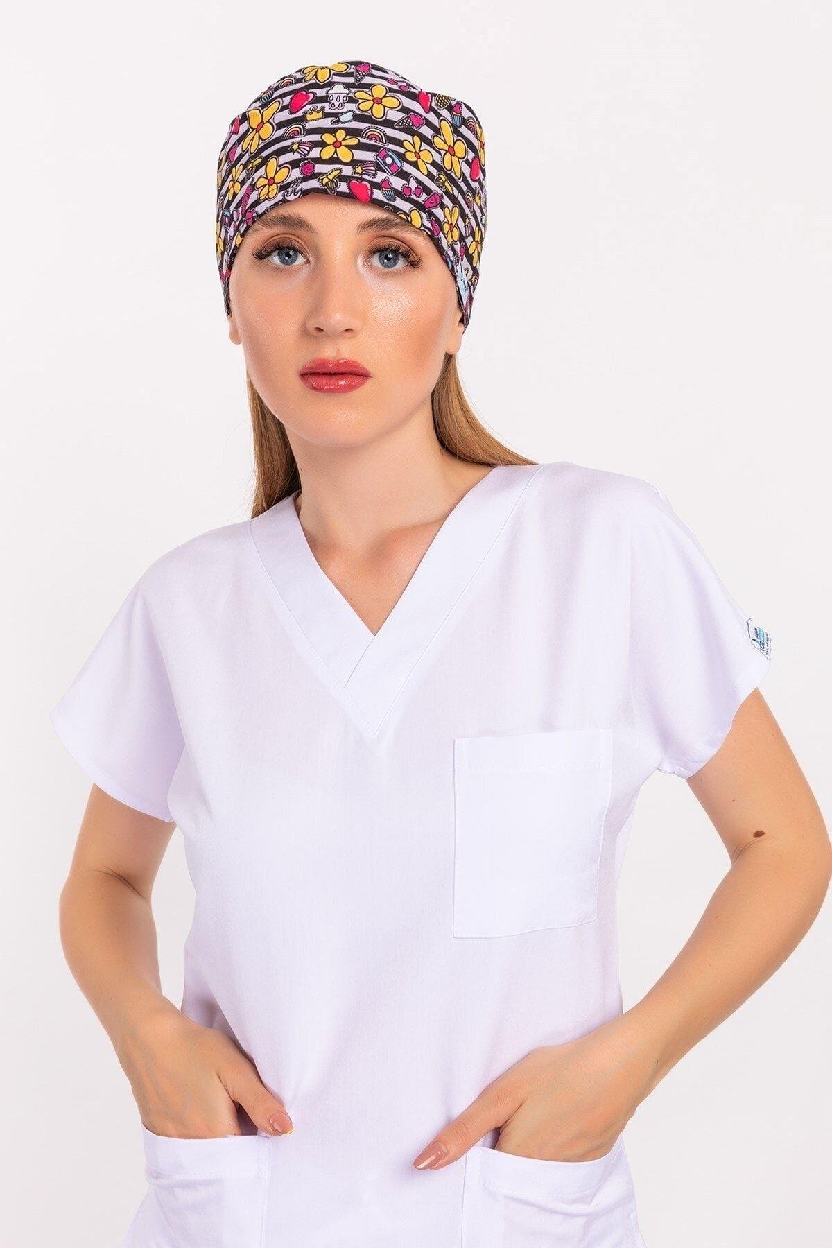 Kadın Çizgili Papatya Desenli Doktor Hemşire Hastane Medikal Cerrahi Bone B161-Nur Medikal Giyim
