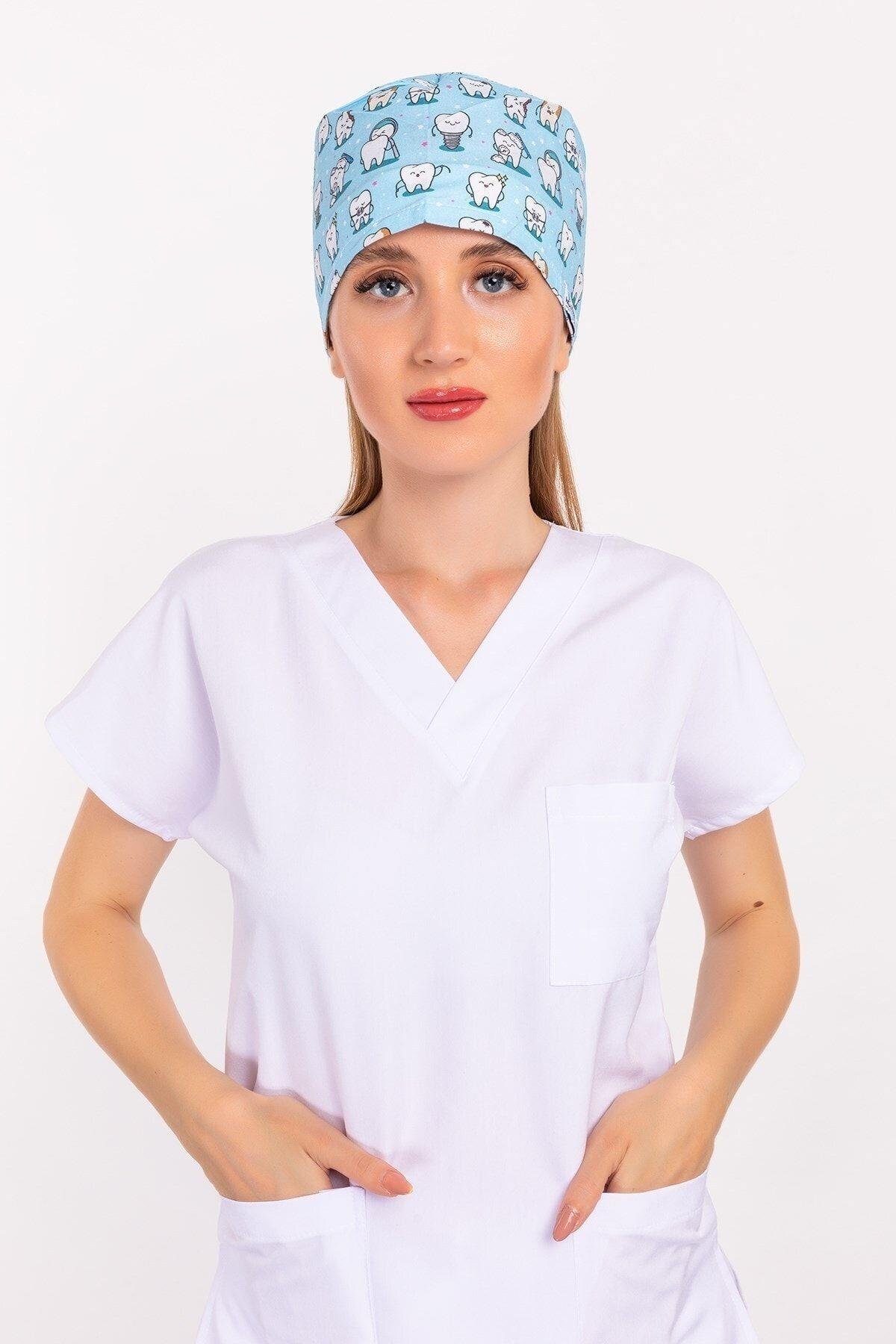 Kadın Master Likra Mavi Diş Desenli Doktor Hemşire Hastane Diş Hekimi Cerrahi Bone-Nur Medikal Giyim