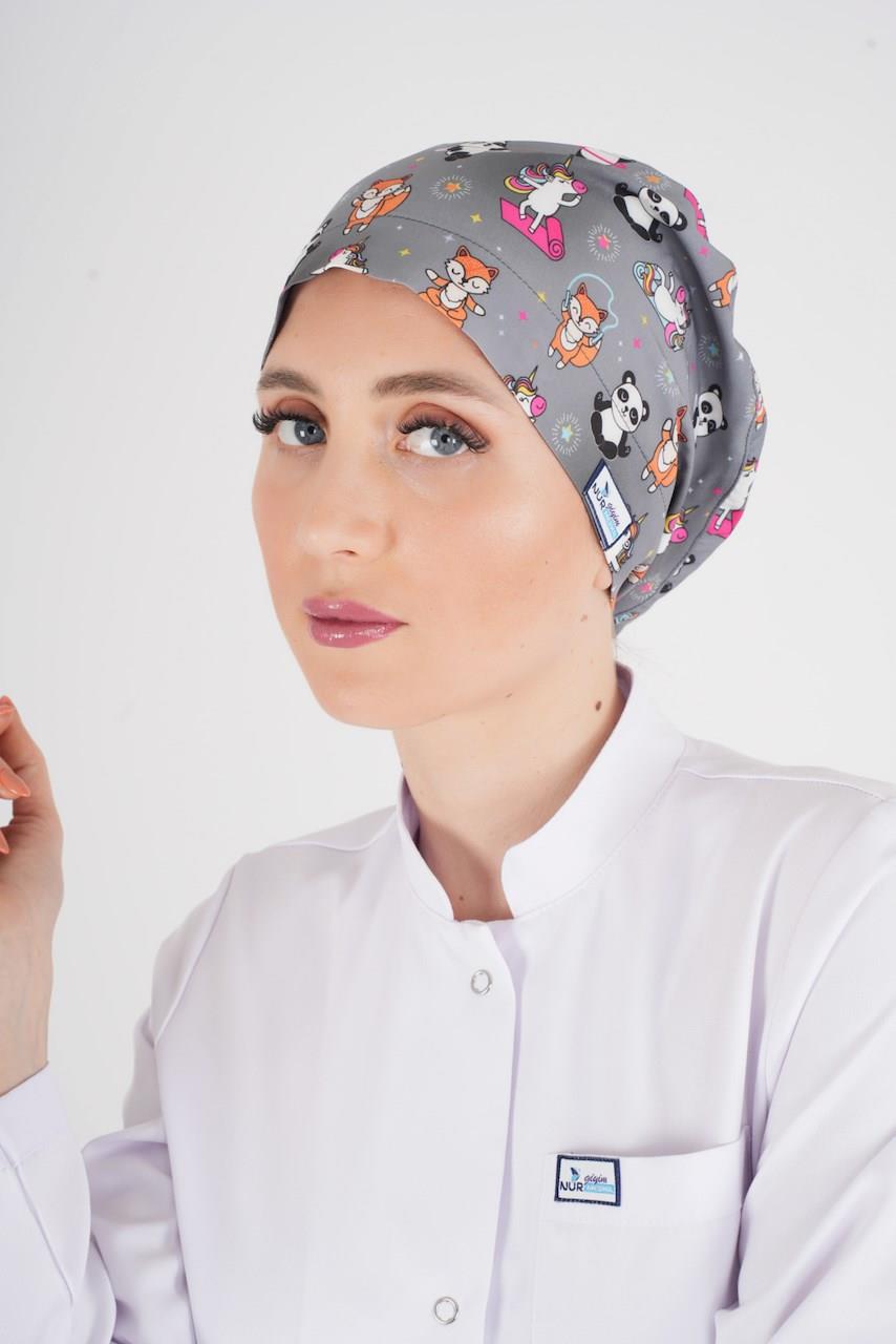 Tesettür Pandex Desenli Hemşire Doktor Medikal Hastane Cerrahi Aşçı Tesettür Bonesi-Nur Medikal Giyim