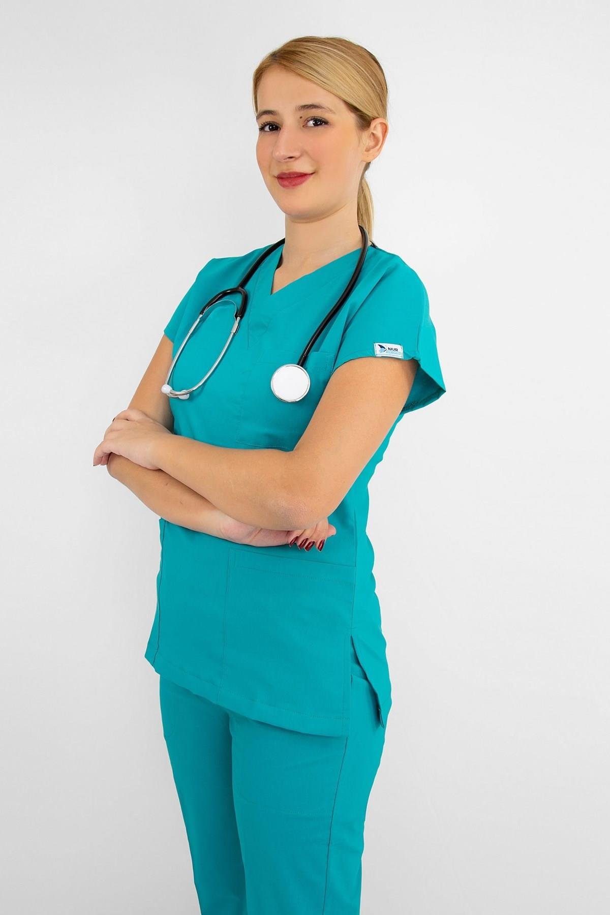 Turkuaz Mavi Terikoton Tek Üst Forma-Nur Medikal Giyim