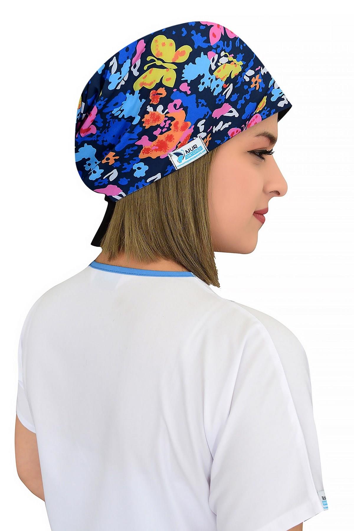 Unisex Butterfly Desenli Cerrahi Bone Doktor Hemşire Saç Bonesi-Nur Medikal Giyim