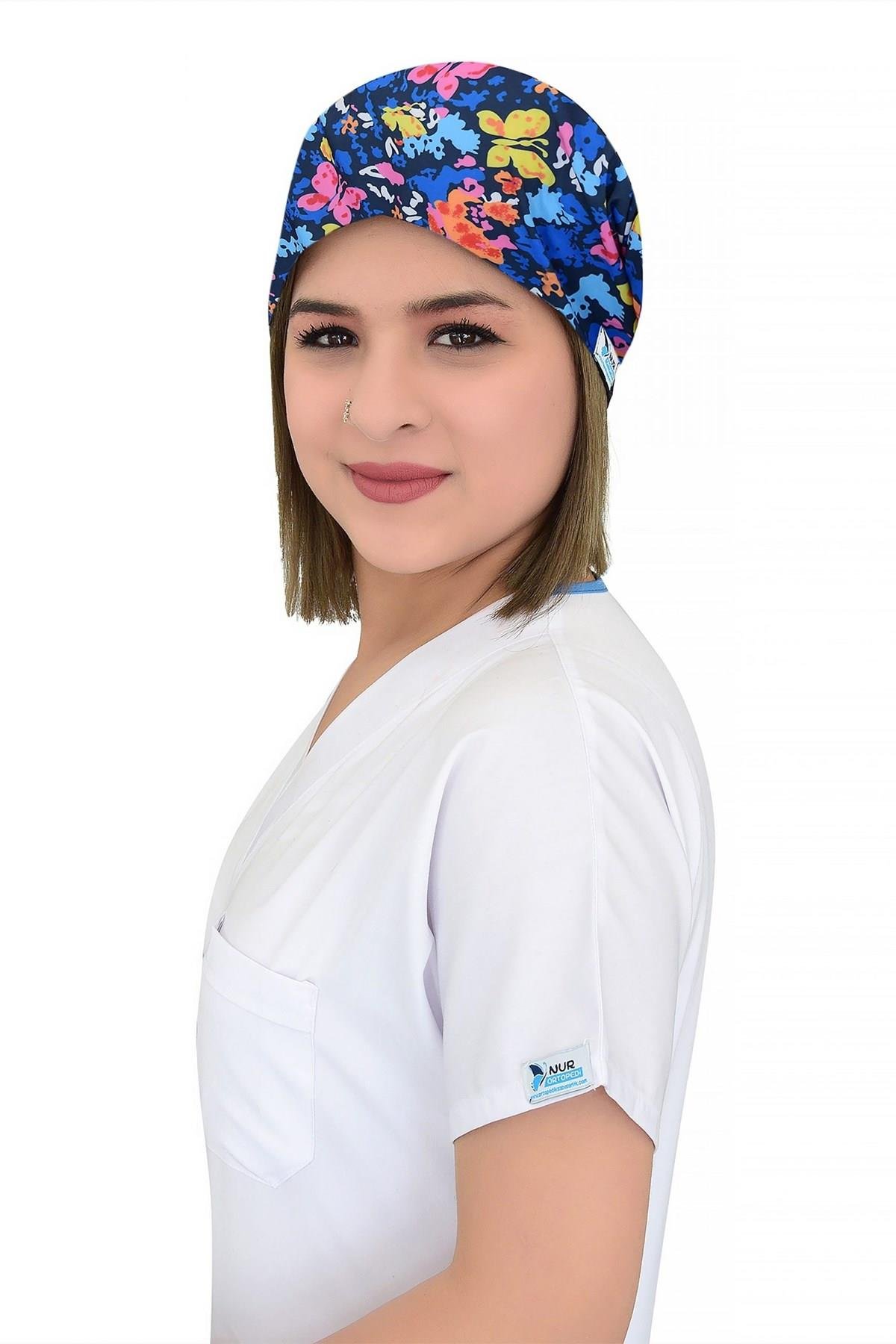 Unisex Butterfly Desenli Cerrahi Bone Doktor Hemşire Saç Bonesi-Nur Medikal Giyim