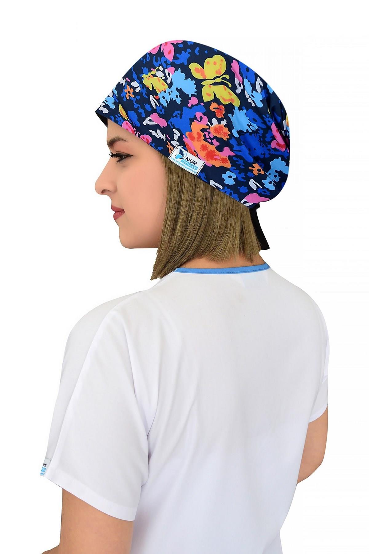 Unisex Butterfly Desenli Cerrahi Bone Doktor Hemşire Saç Bonesi-Nur Medikal Giyim