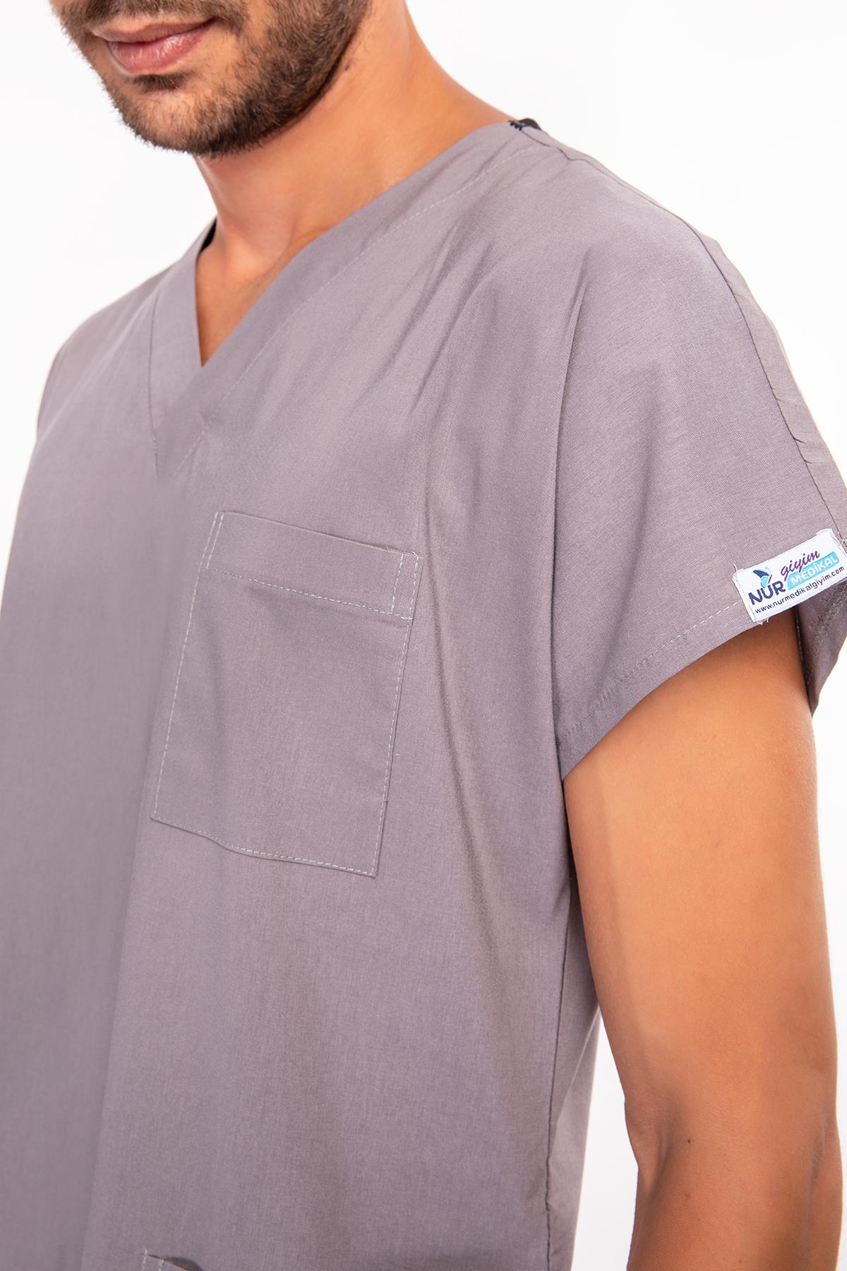 Unisex Gri Terikoton Cerrahi Hemşire Doktor Üniforma Takım Scrubs-Nur Medikal Giyim