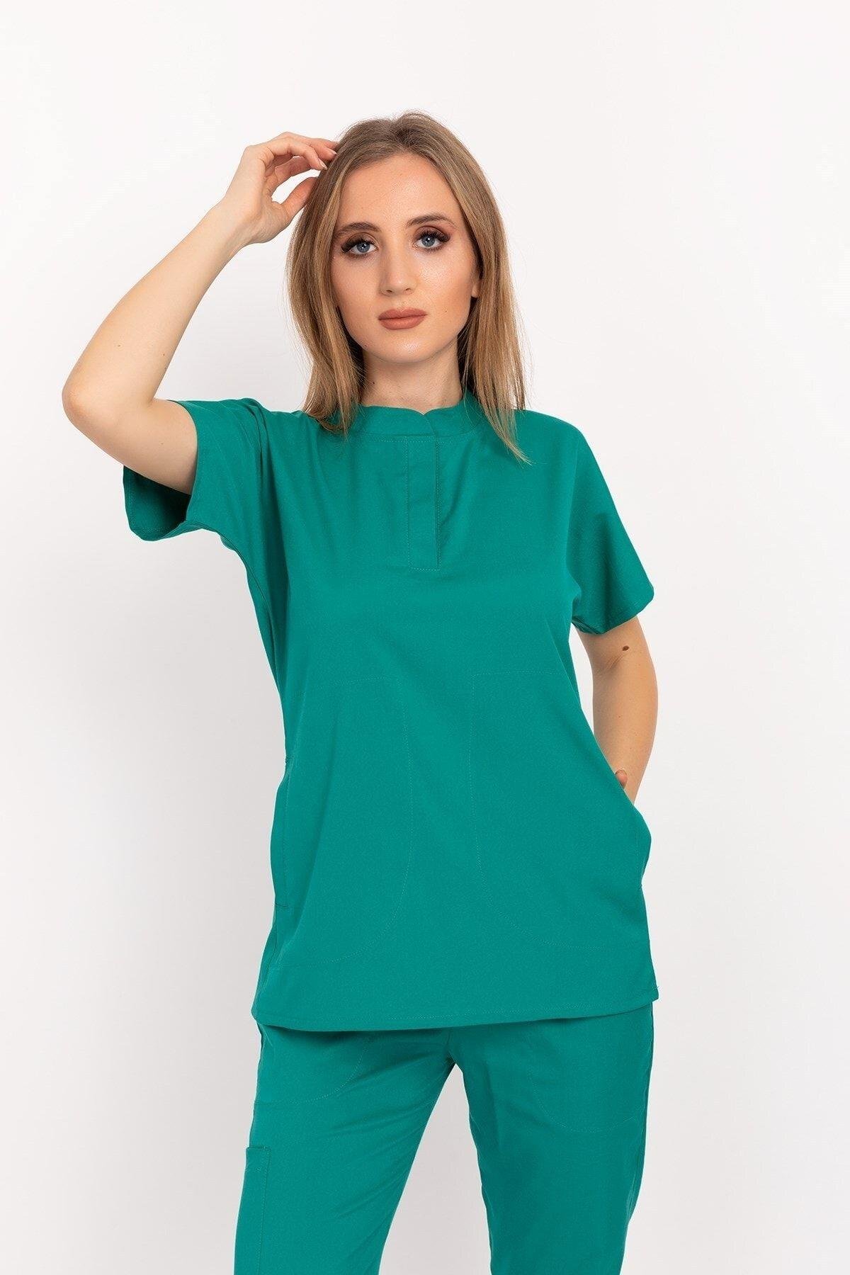 Unisex Kadın Erkek Ameliyat Yeşili Renk Çıt Çıtlı Soft Likra Hemşire Doktor Hastane Forma Takım-Nur Medikal Giyim
