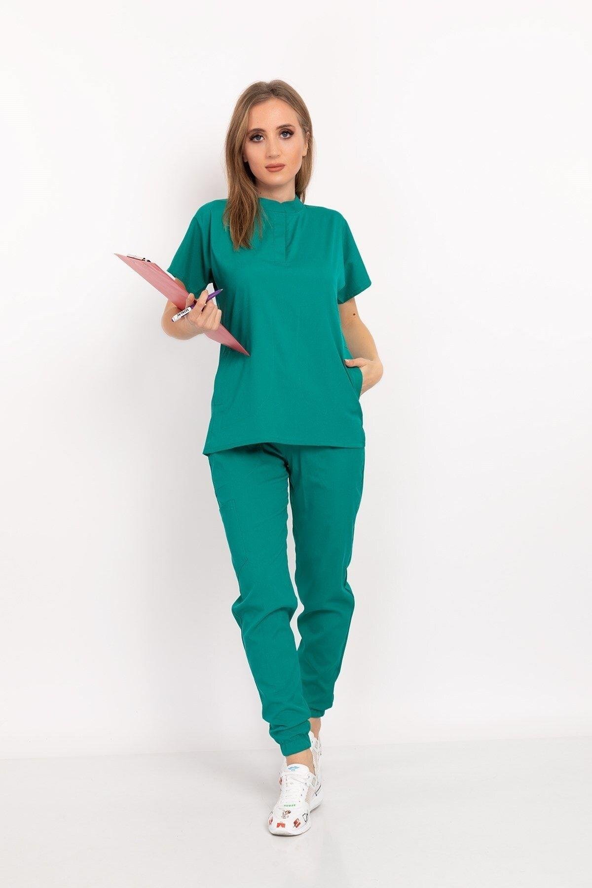 Unisex Kadın Erkek Ameliyat Yeşili Renk Çıt Çıtlı Soft Likra Hemşire Doktor Hastane Forma Takım-Nur Medikal Giyim