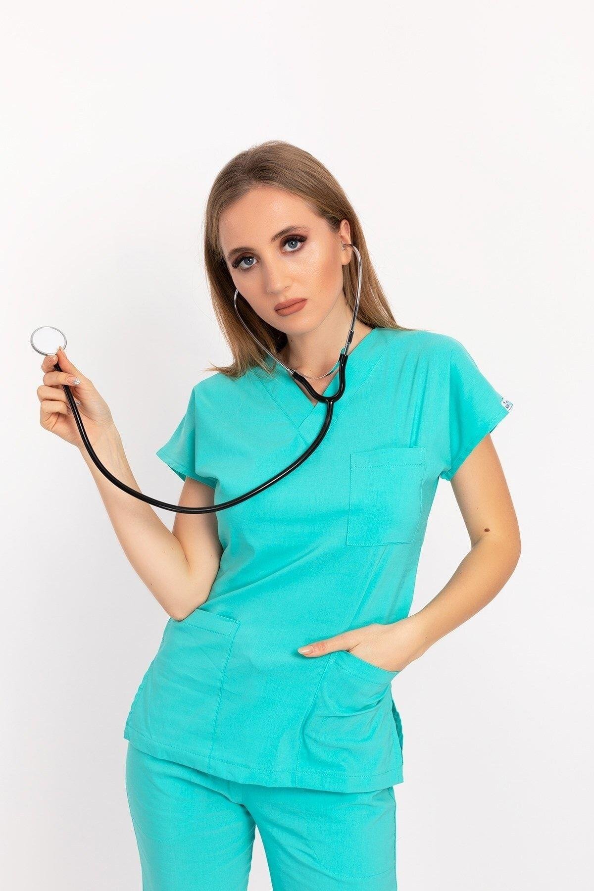 Unisex Kadın Erkek Mint Yeşili Likralı Doktor Hemşire Hastane Scrubs Üniforma Takımı-Nur Medikal Giyim