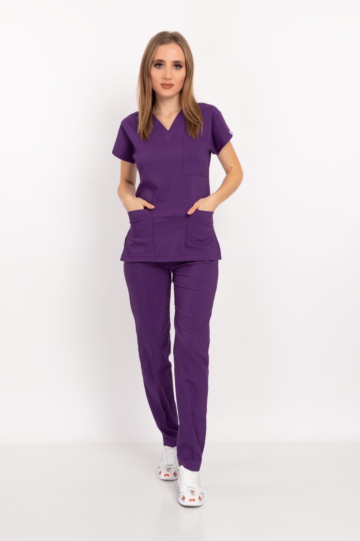 Unisex Koyu Mor Terikoton Doktor Hemşire Üniforma Takım Scrubs-Nur Medikal Giyim