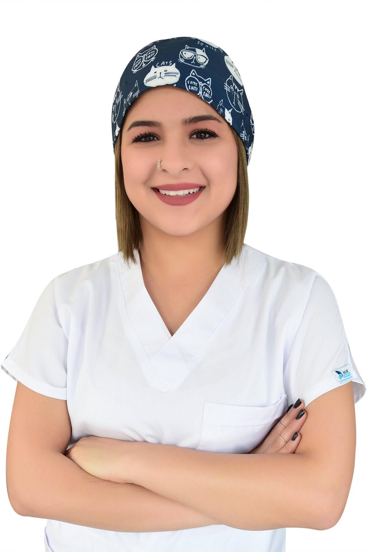 Unisex Lacivert Kediler Desenli Cerrahi Bone Hemşire Saç Bonesi-Nur Medikal Giyim