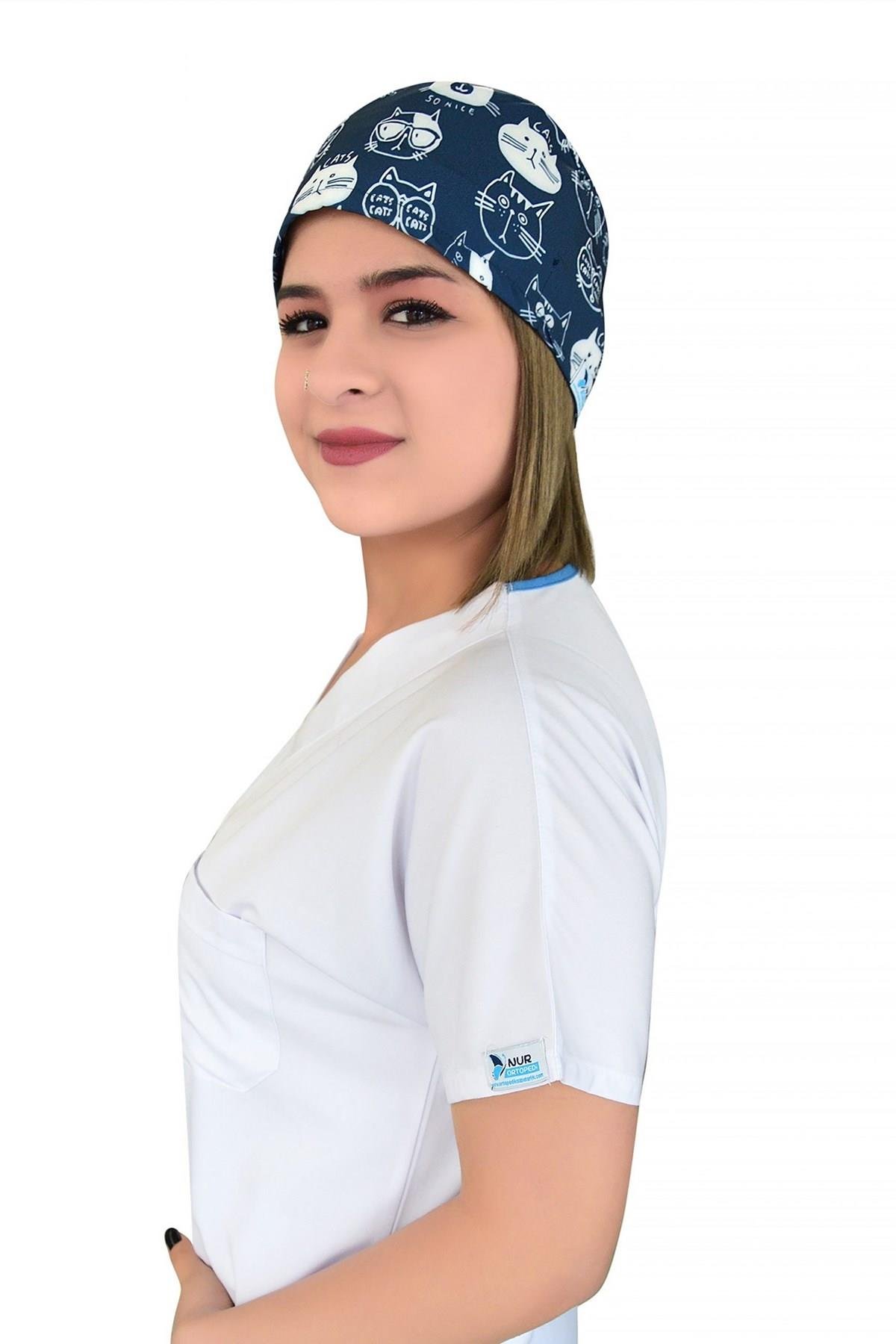 Unisex Lacivert Kediler Desenli Cerrahi Bone Hemşire Saç Bonesi-Nur Medikal Giyim