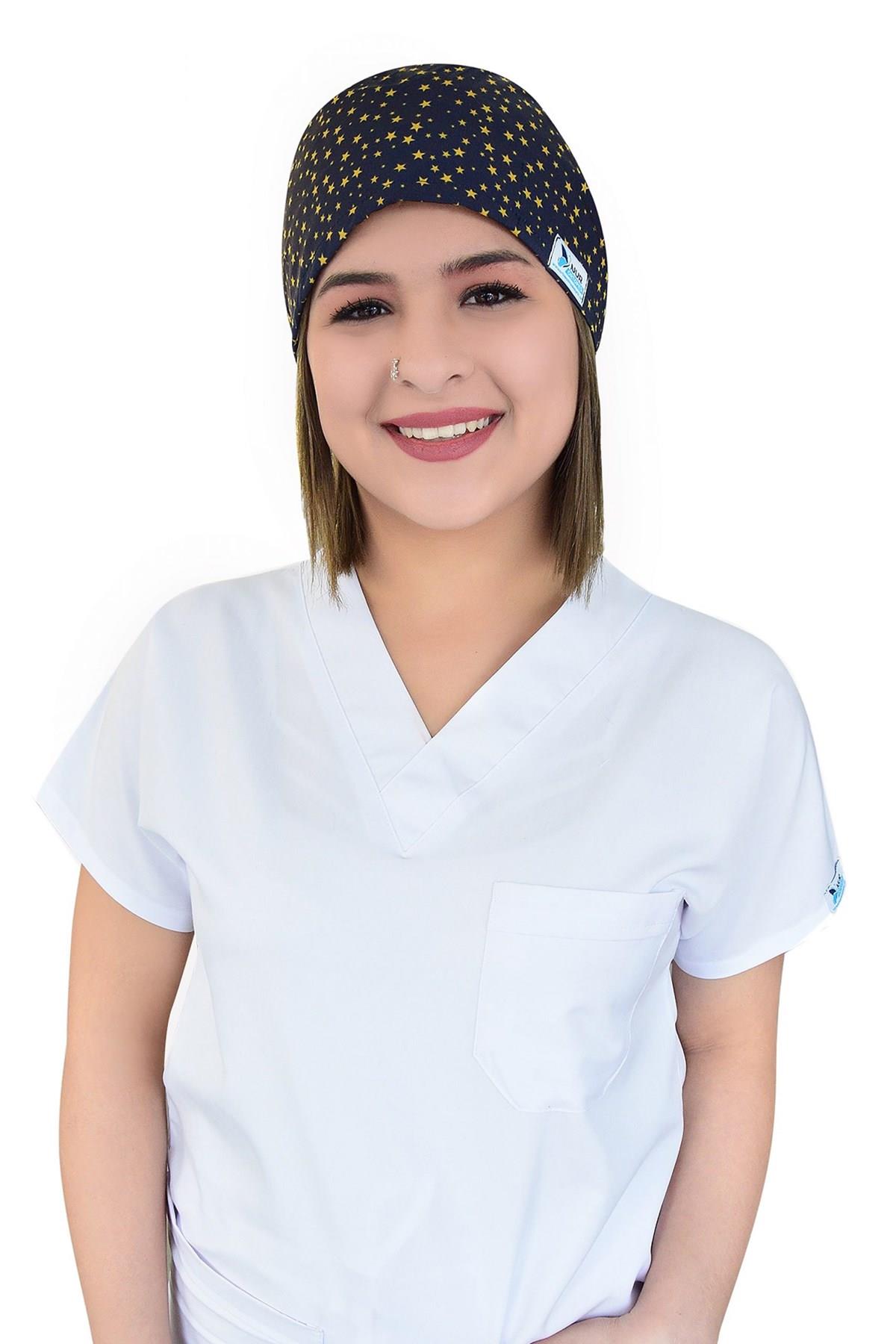 Unisex Lacivert Yıldız Desenli Cerrahi Bone Hemşire Doktor Saç Bonesi-Nur Medikal Giyim